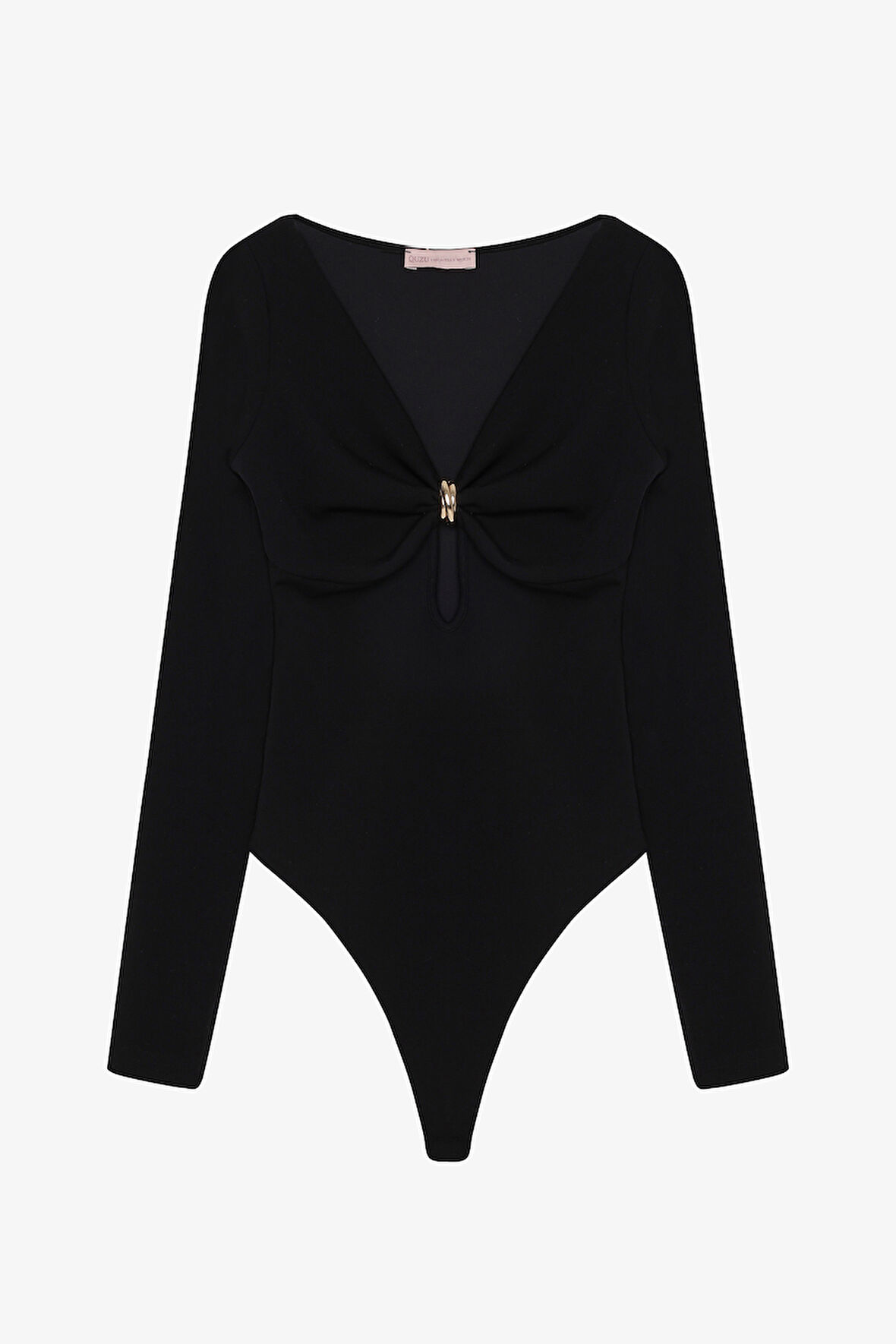 Halka Aksesuarlı Uzun Kollu Bodysuit Siyah