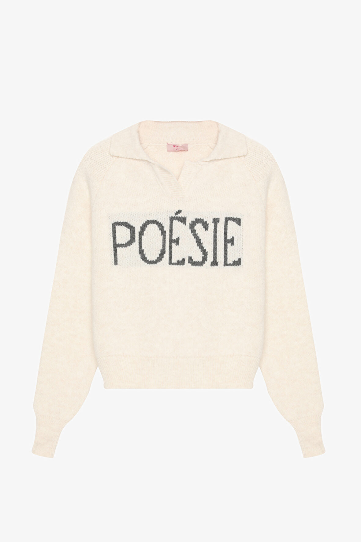 Yazı Desenli Polo Yaka Triko Kazak Ekru