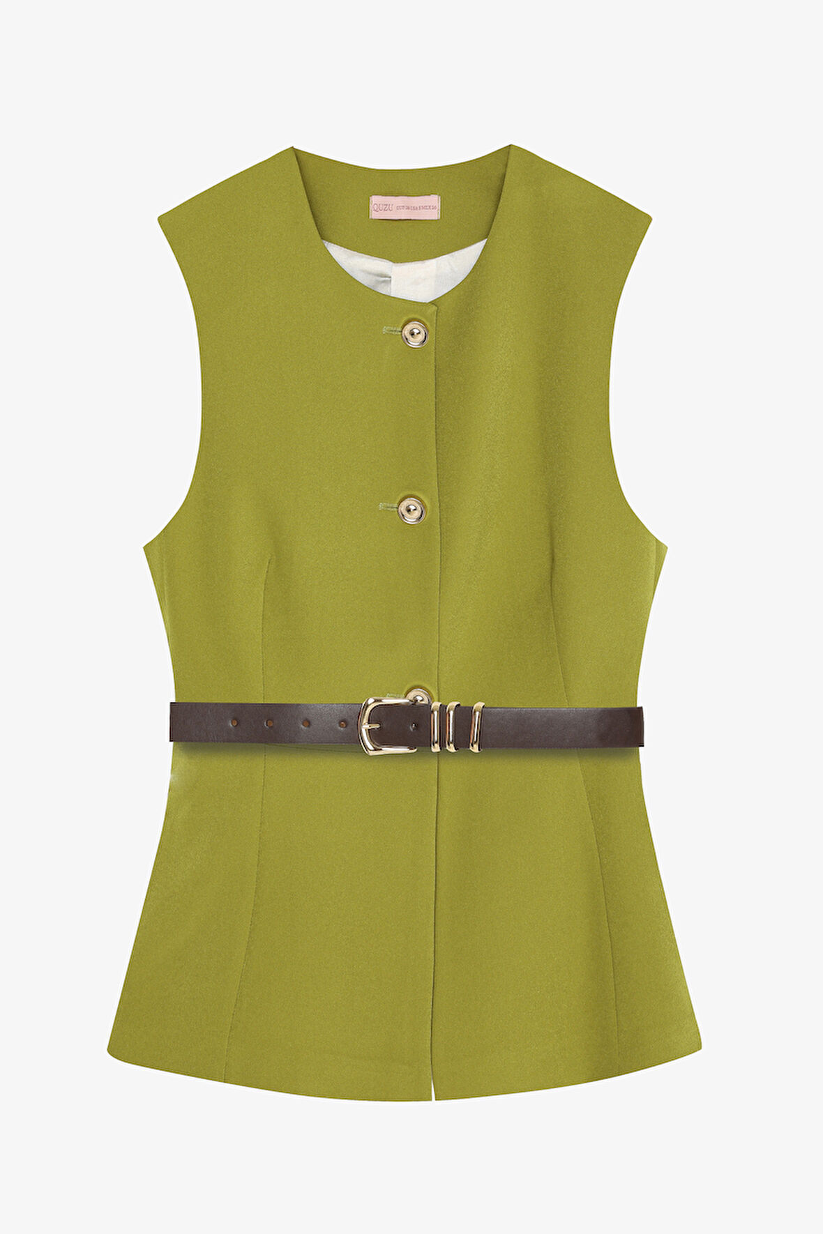 Kemer Aksesuarlı Düğmeli Kolsuz Yelek Olive