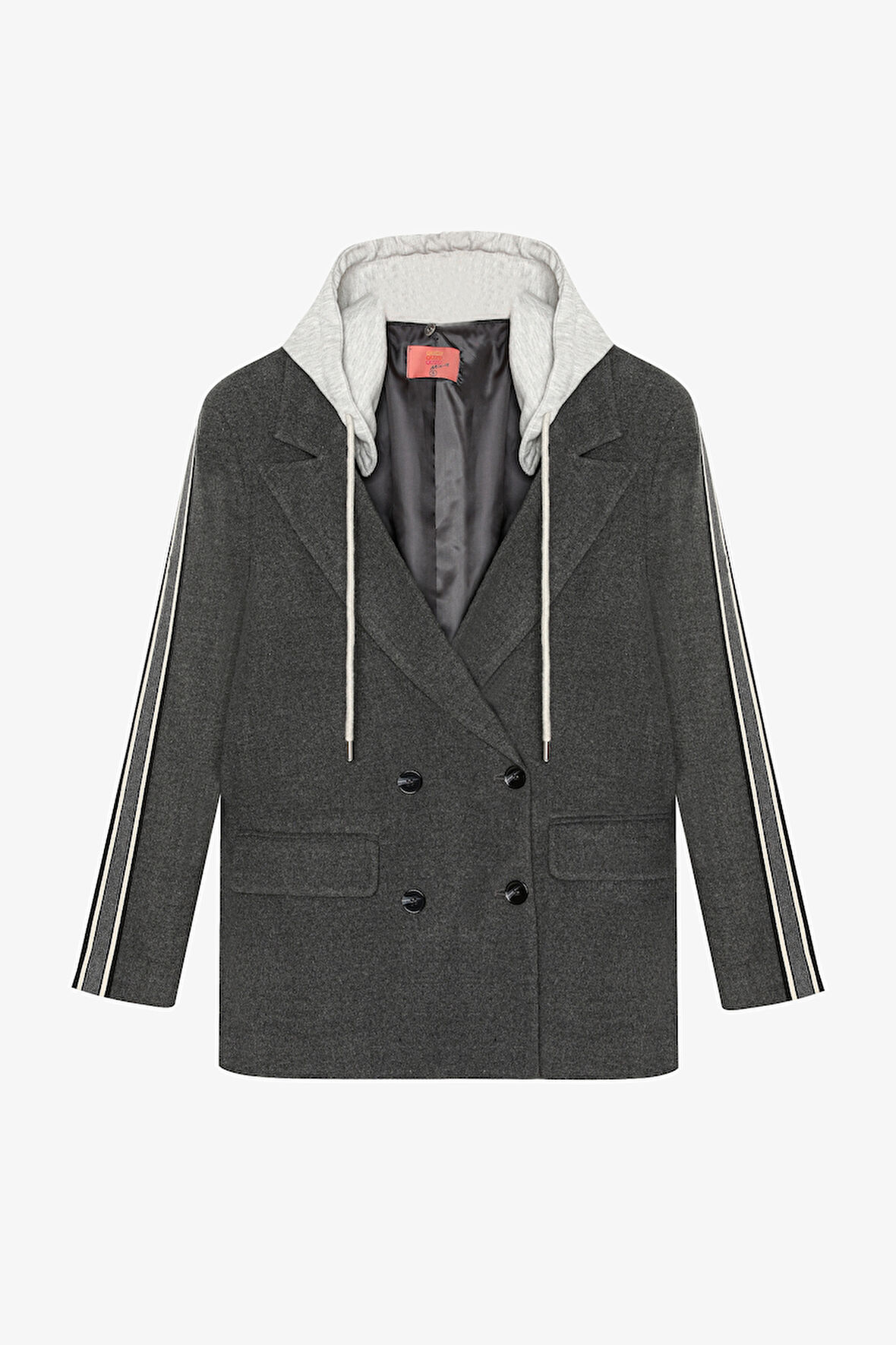 Kapüşonlu Şeritli Oversize Blazer Ceket Koyu Gri