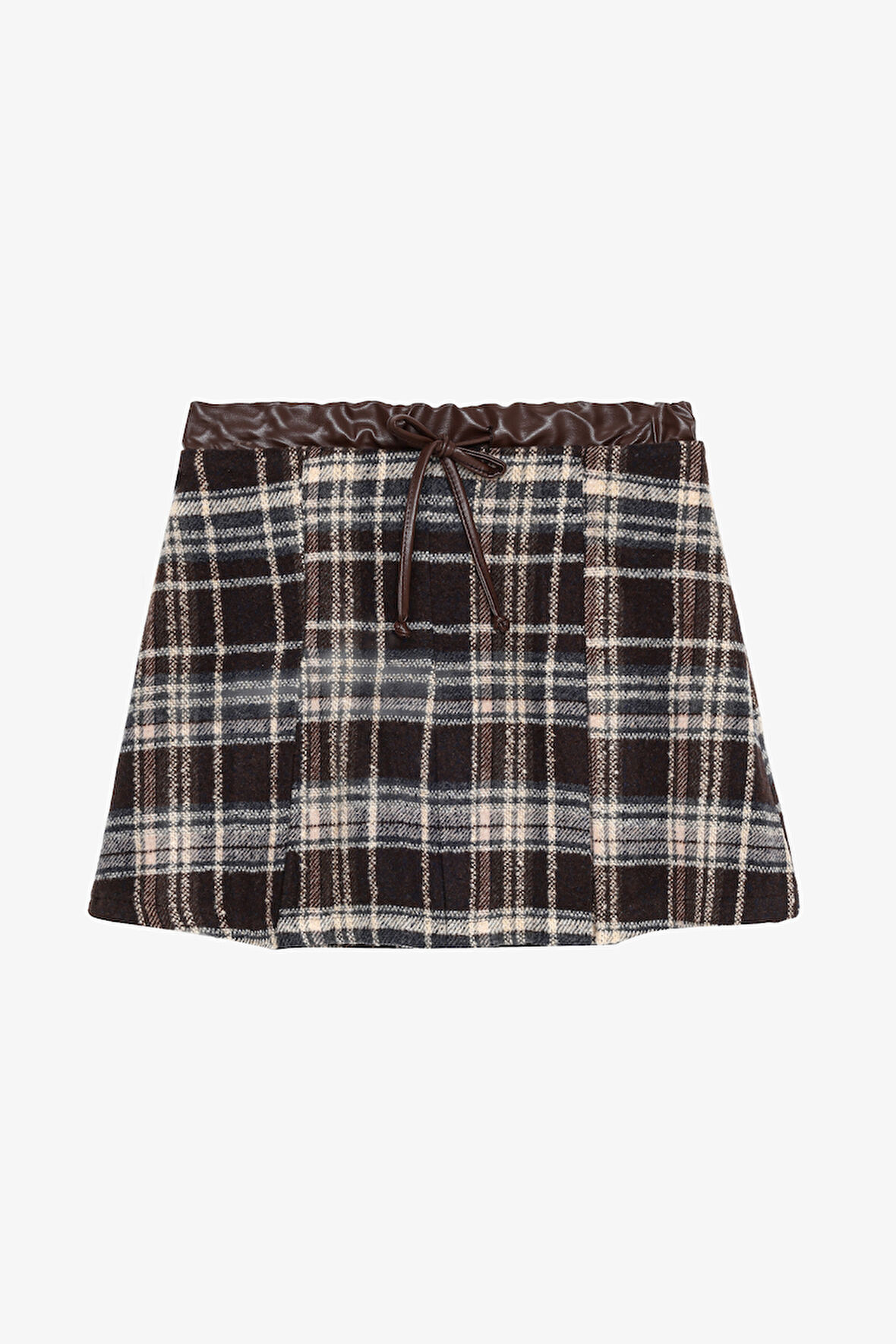 Deri Garnili Ekose Pileli Mini Etek Kahverengi