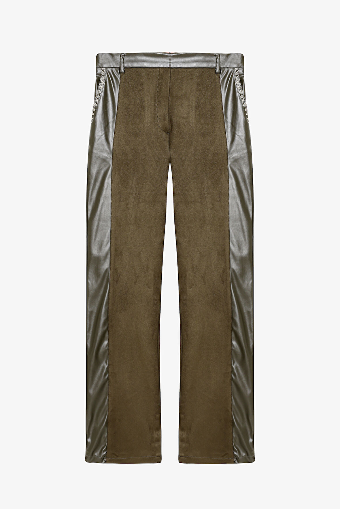 Deri Garnili Bol Paça Süet Pantolon Haki