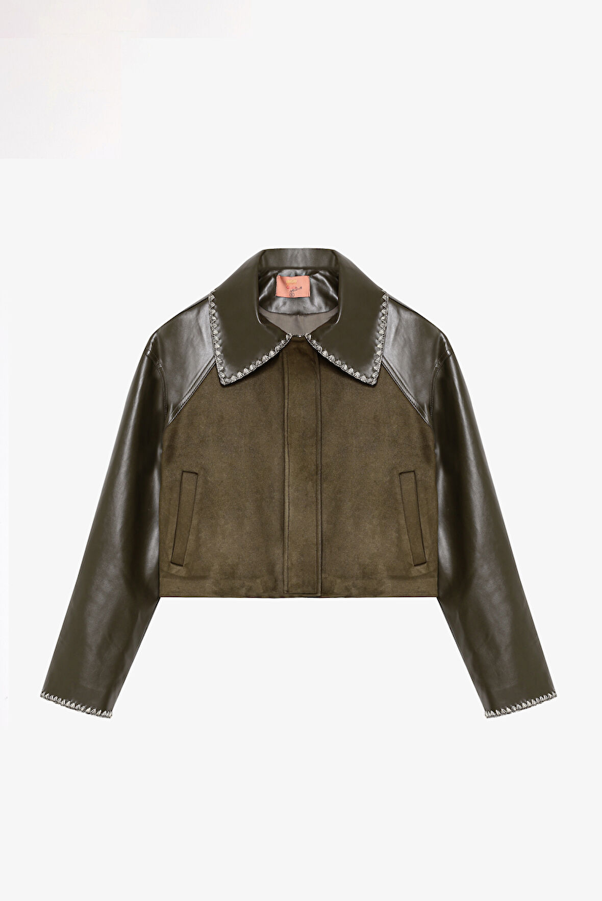 Deri Garnili Kısa Süet Ceket Haki