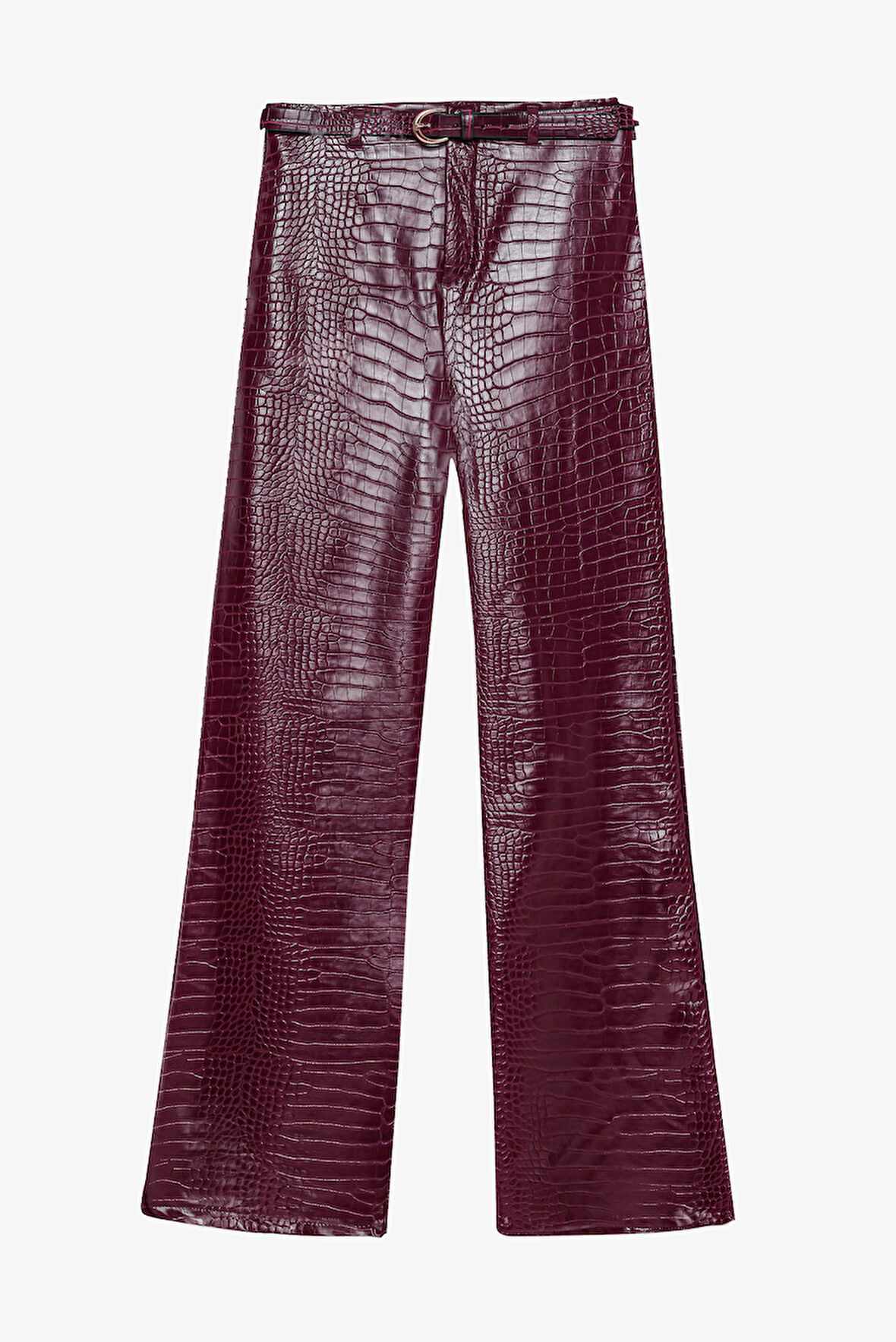 Kroko Desenli Bol Paça Deri Pantolon Mürdüm