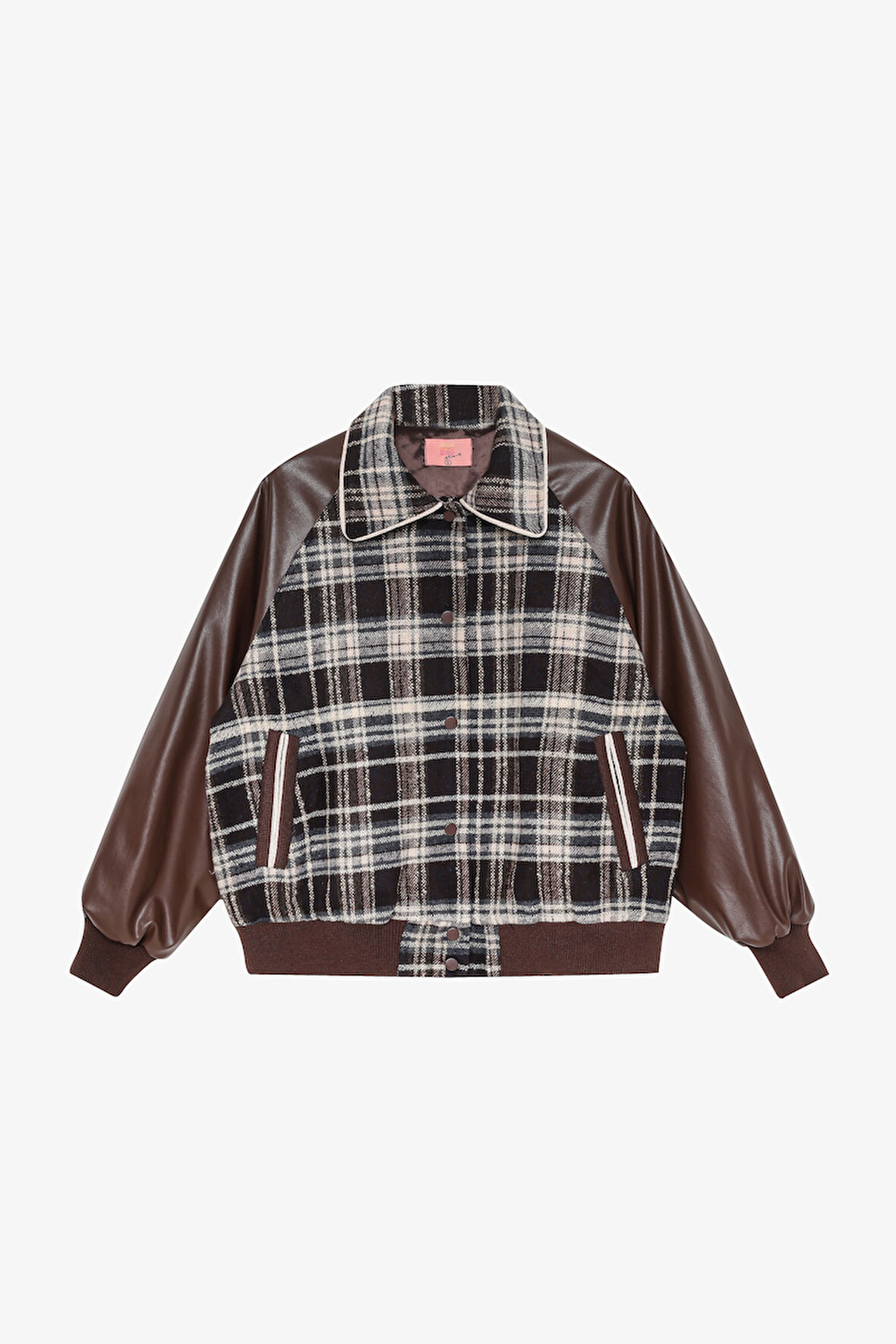 Deri Garnili Ekose Oversize Bomber Ceket Kahverengi