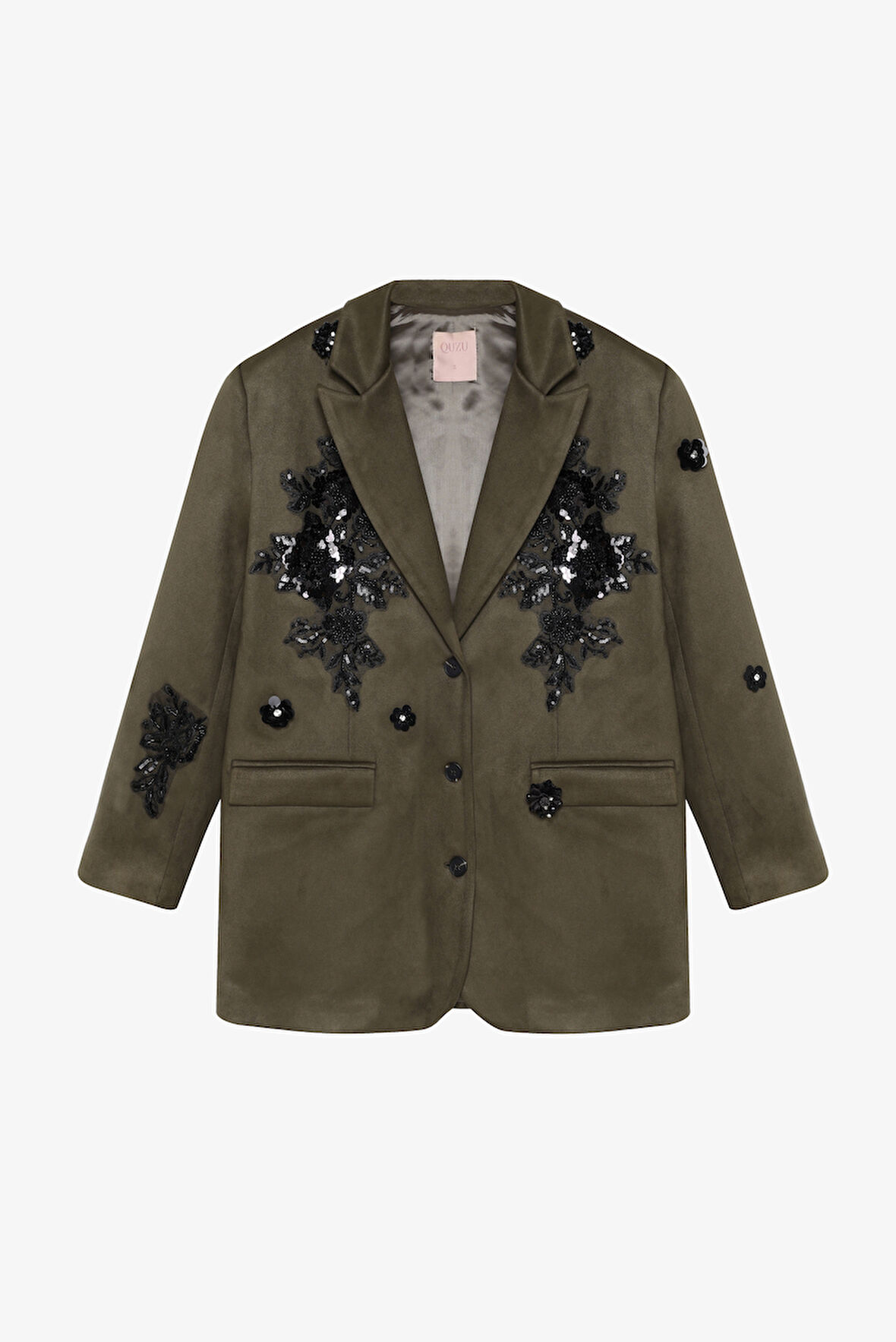 Dantel Aplikeli Süet Blazer Ceket Haki