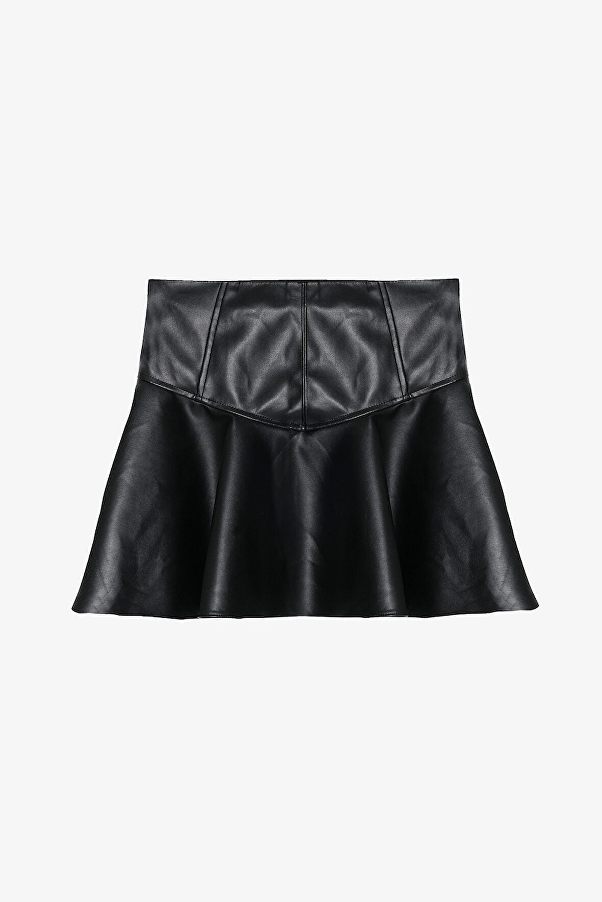 Volanlı Deri Mini Etek Siyah
