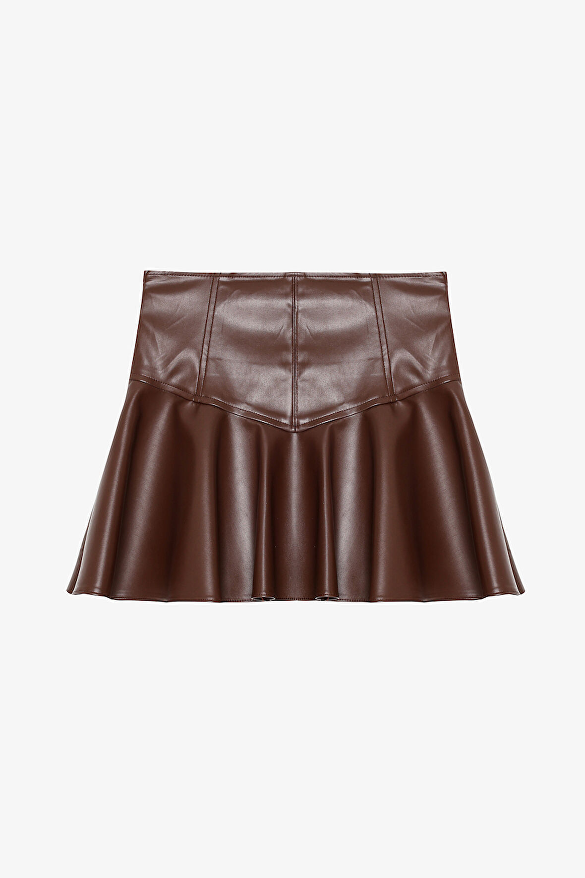 Volanlı Deri Mini Etek Kahverengi
