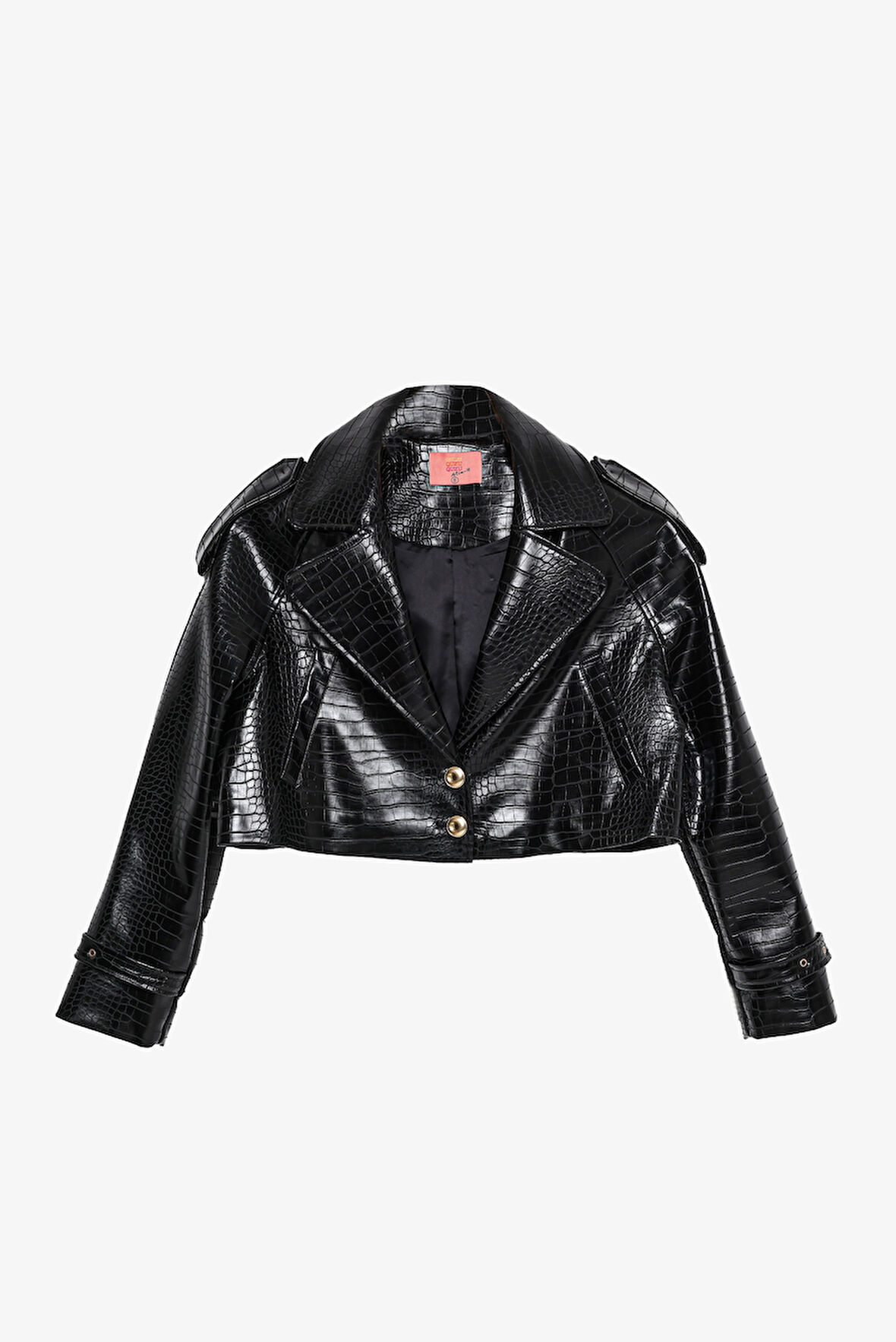 Kroko Desenli Crop Deri Ceket Siyah