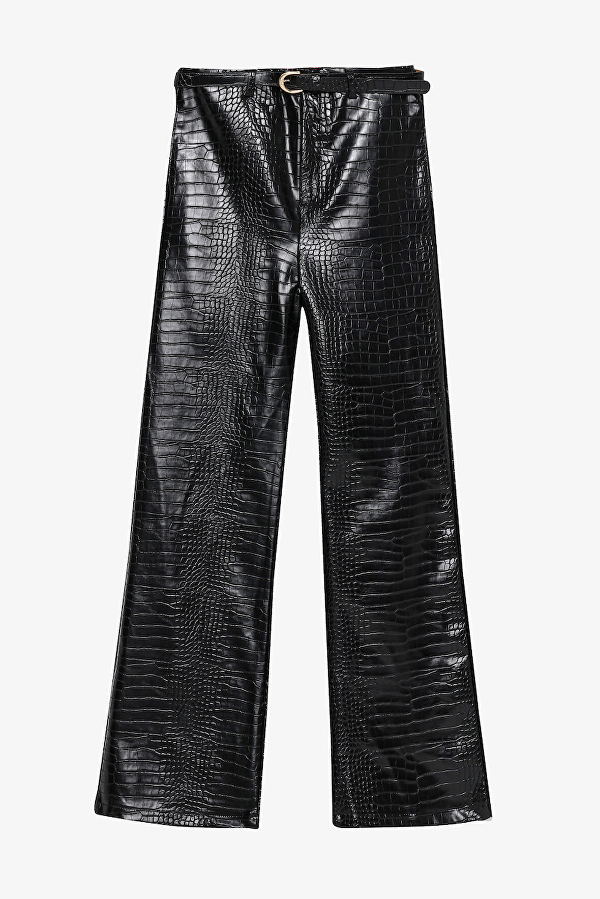 Kroko Desenli Bol Paça Deri Pantolon Siyah