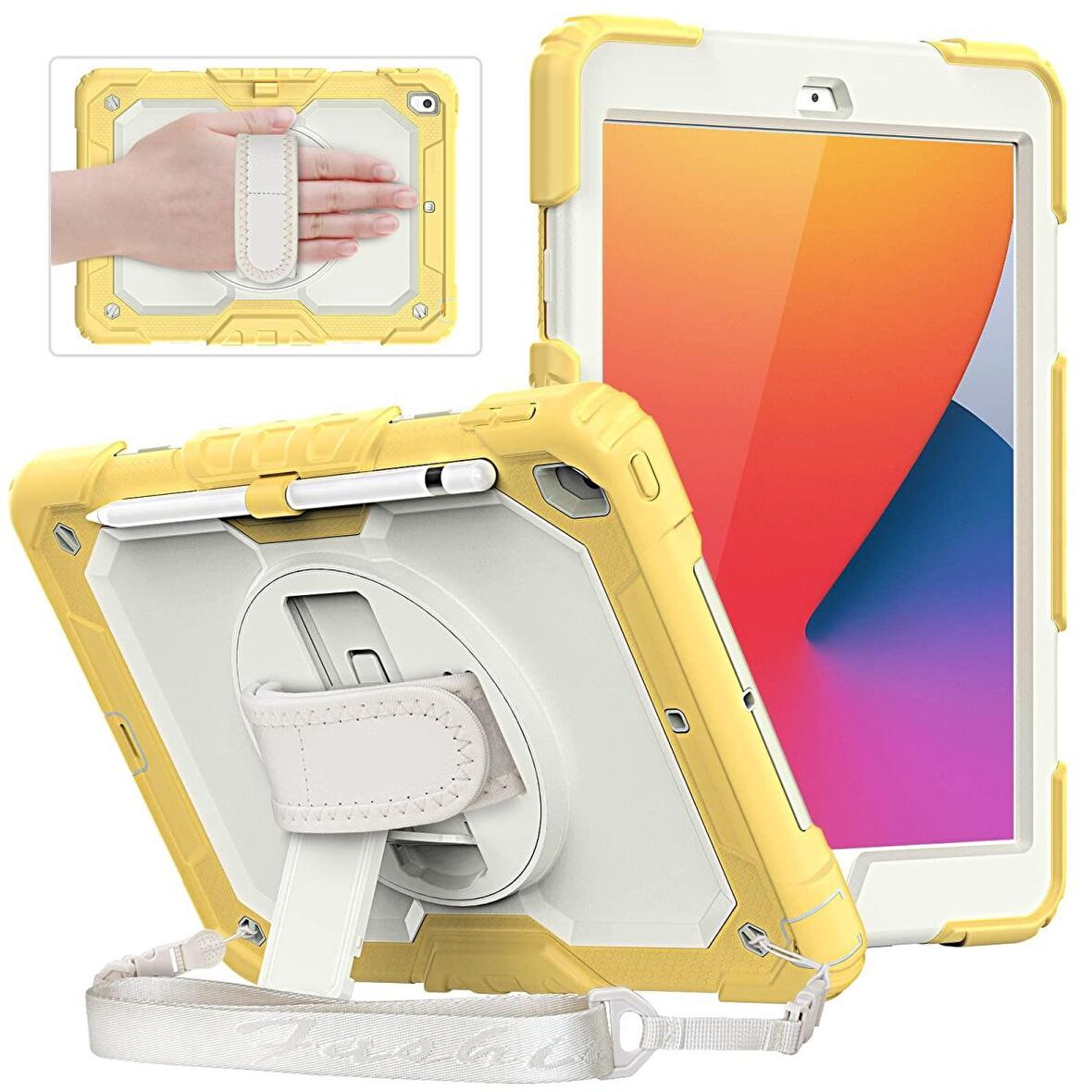 iPad 2019/2020 10.2" 7. 8. Nesil Strap, Kalemlikli Tablet Kılıfı Darbeye Dayanıklı Askılı 360° Kılıf