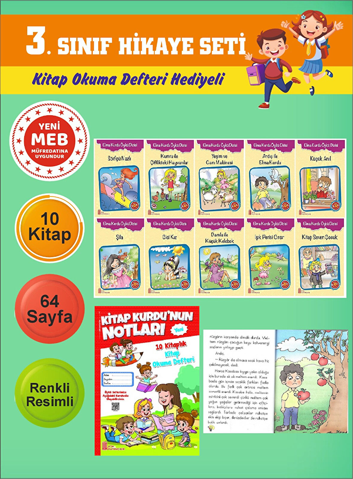 3.Sınıflar İçin Okumayı Sevdiren 10 lu Hikaye Seti 9 (Kitap Okuma Defteri Hediyeli)