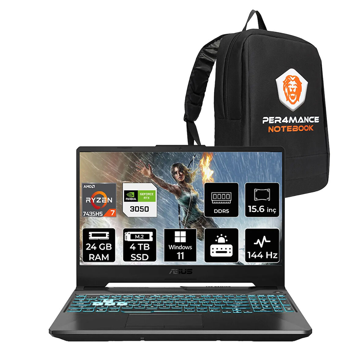 ASUS TUF Gaming A15 R7 7435HS 24GB 4TB SSD RTX3050/4GB 75W 144Hz 15.6" FHD W11H FA506NCR & PER4 ÇA