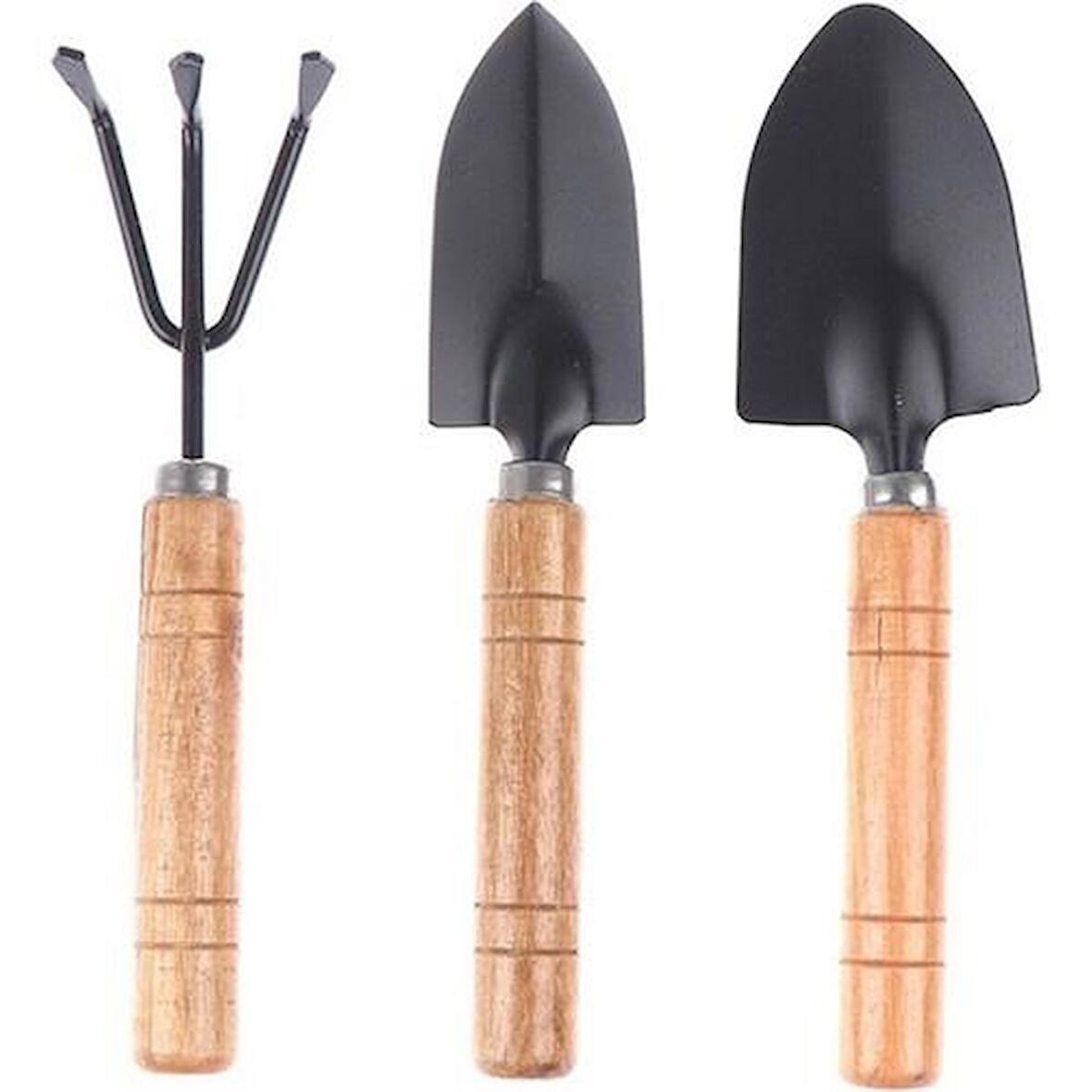 3 Parça Bahçe Dikme Seti Mini Saksı Hobi Seti Ahşap Saplı 18 cm Kürek Tırmık Seti