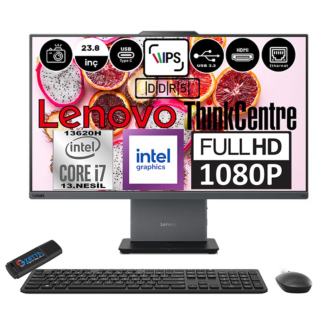 Lenovo Thinkcentre Neo 24 50A Gen5 Intel Core I7 13620H 32GB Ddr5 2tb SSD Windows 11 Home Intel® UHD Graphics 23.8" Fhd All In One Bilgisayar 12SC000KTRH09 + Zetta Flash Bellek