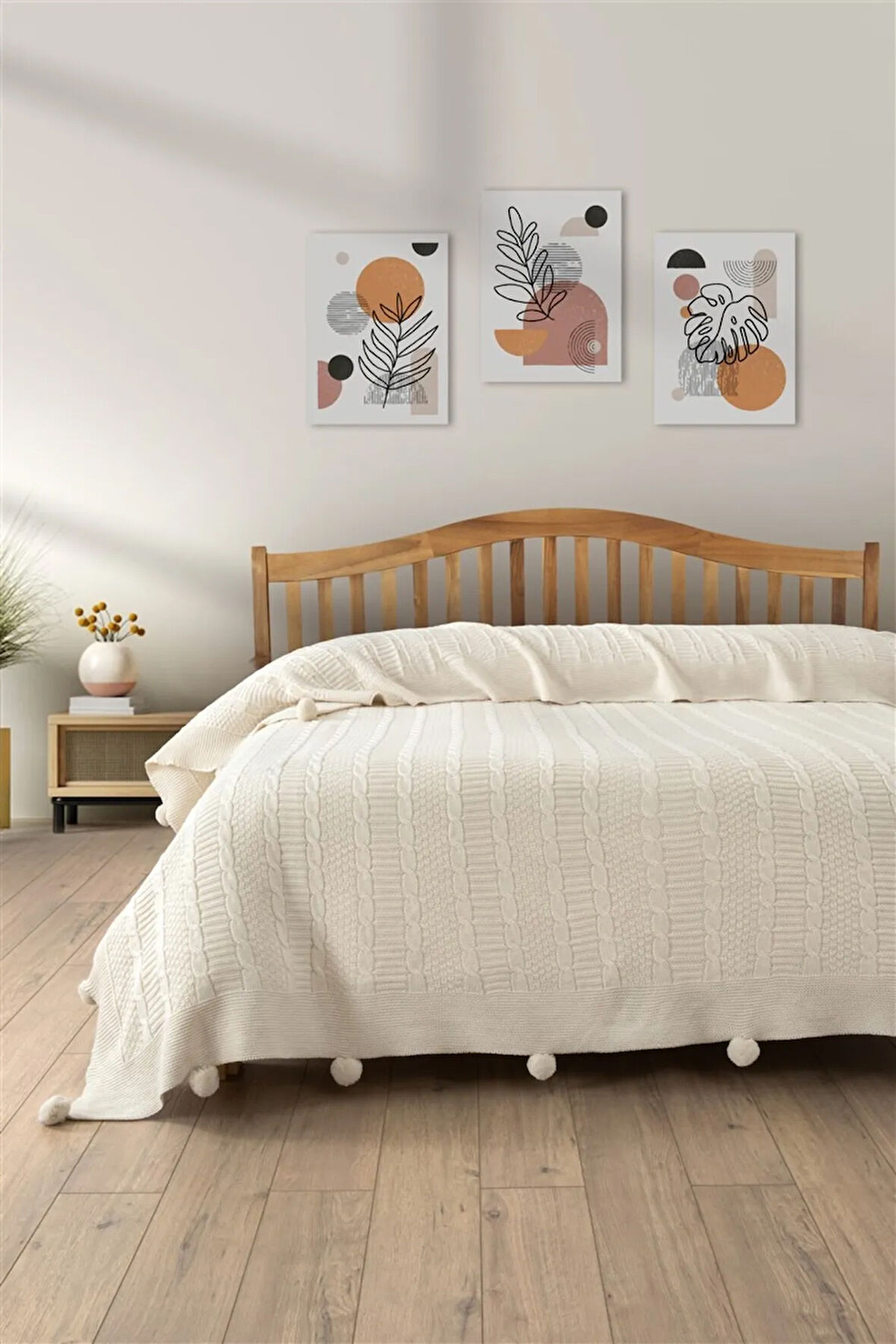 Sevim Çift Kişilik Triko Örme Battaniye - Yumuşak Dokulu & Şık Yatak Örtüsü - 220x240 cm Battaniye - Krem