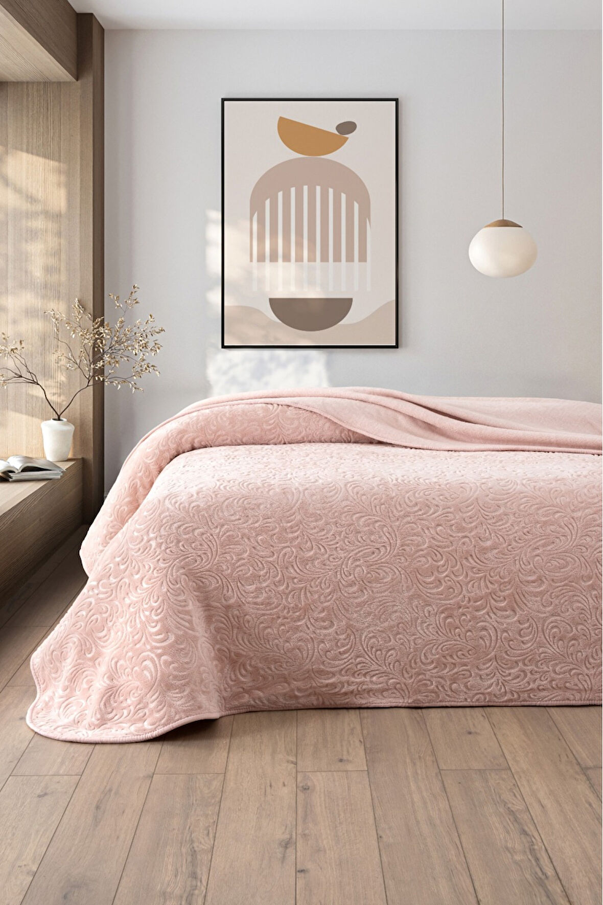 Jakarlı Kadife Dokulu Çift Kişilik Kalın Battaniye – Yumuşak, Sıcak ve Şık Yatak Örtüsü - Pudra