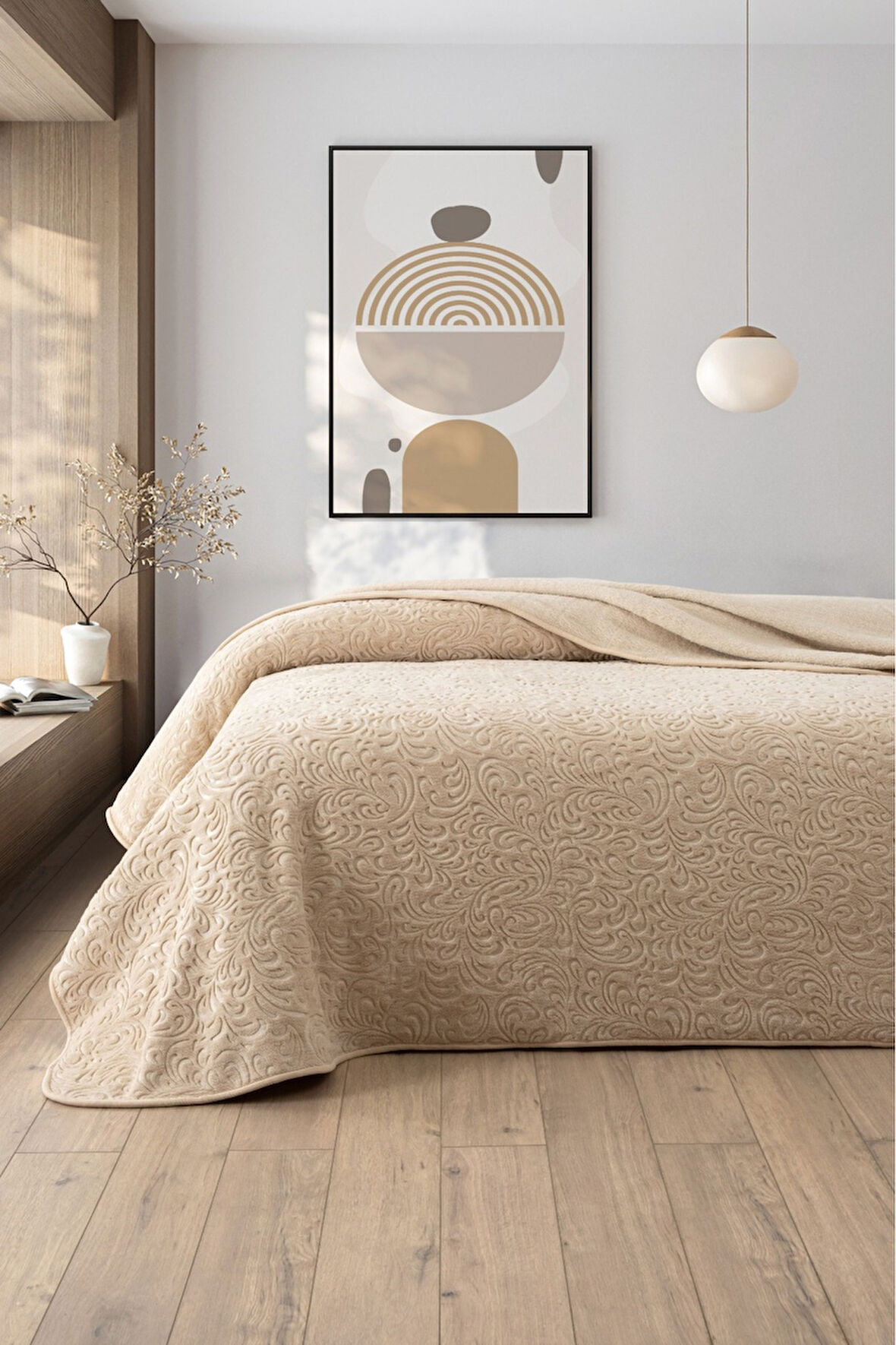 Jakarlı Kadife Dokulu Çift Kişilik Kalın Battaniye – Yumuşak, Sıcak ve Şık Yatak Örtüsü - Bej