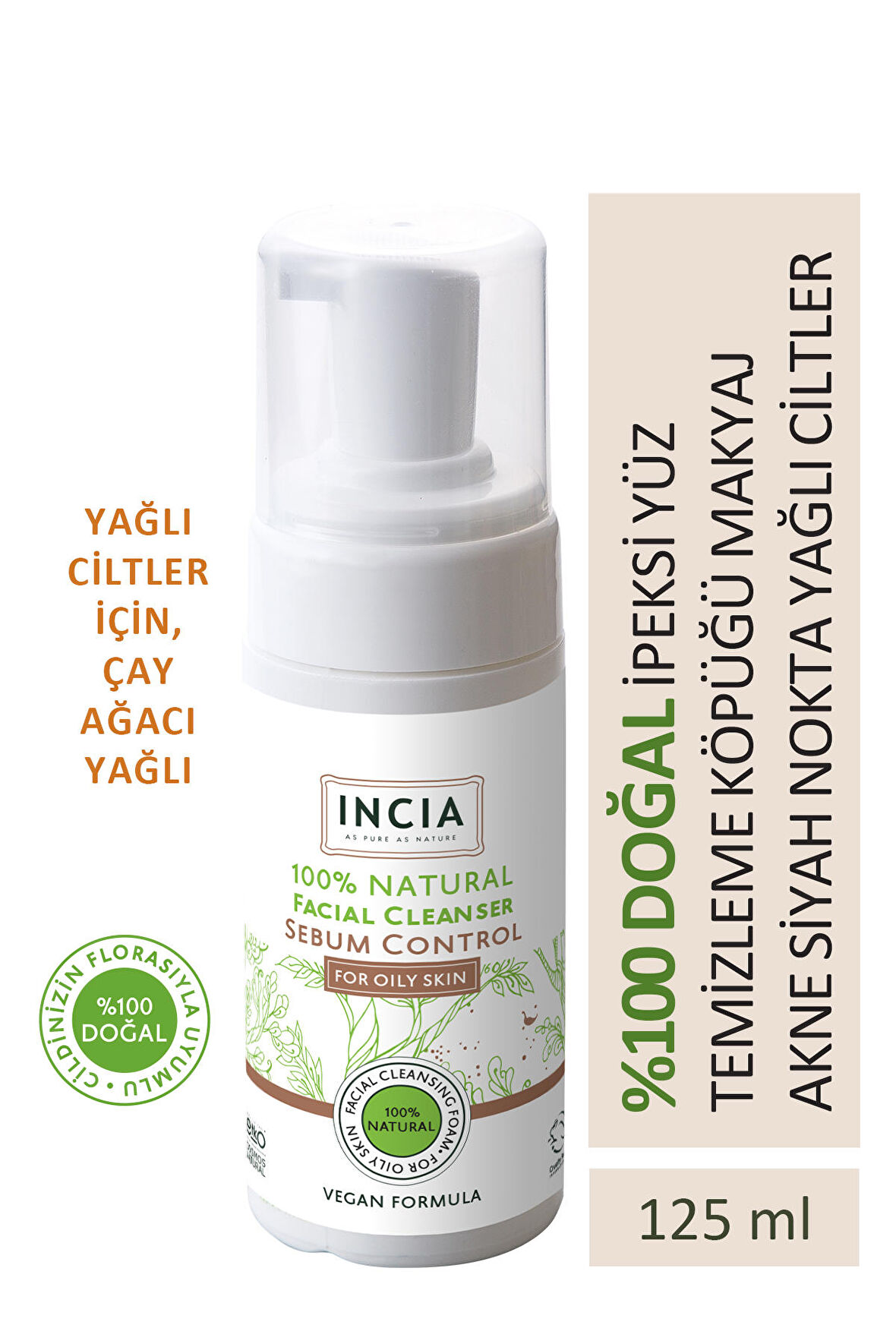 INCIA %100 Doğal İpeksi Yüz Temizleme Köpüğü Makyaj Akne Siyah Nokta Sivilce Yağlı Ciltler Vegan 125 ml