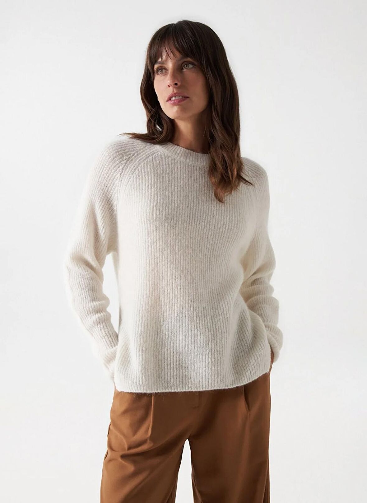 Kırık Beyaz Kadın Yuvarlak Yaka Kazak MOHAIR WOOL JUMPER 21007094