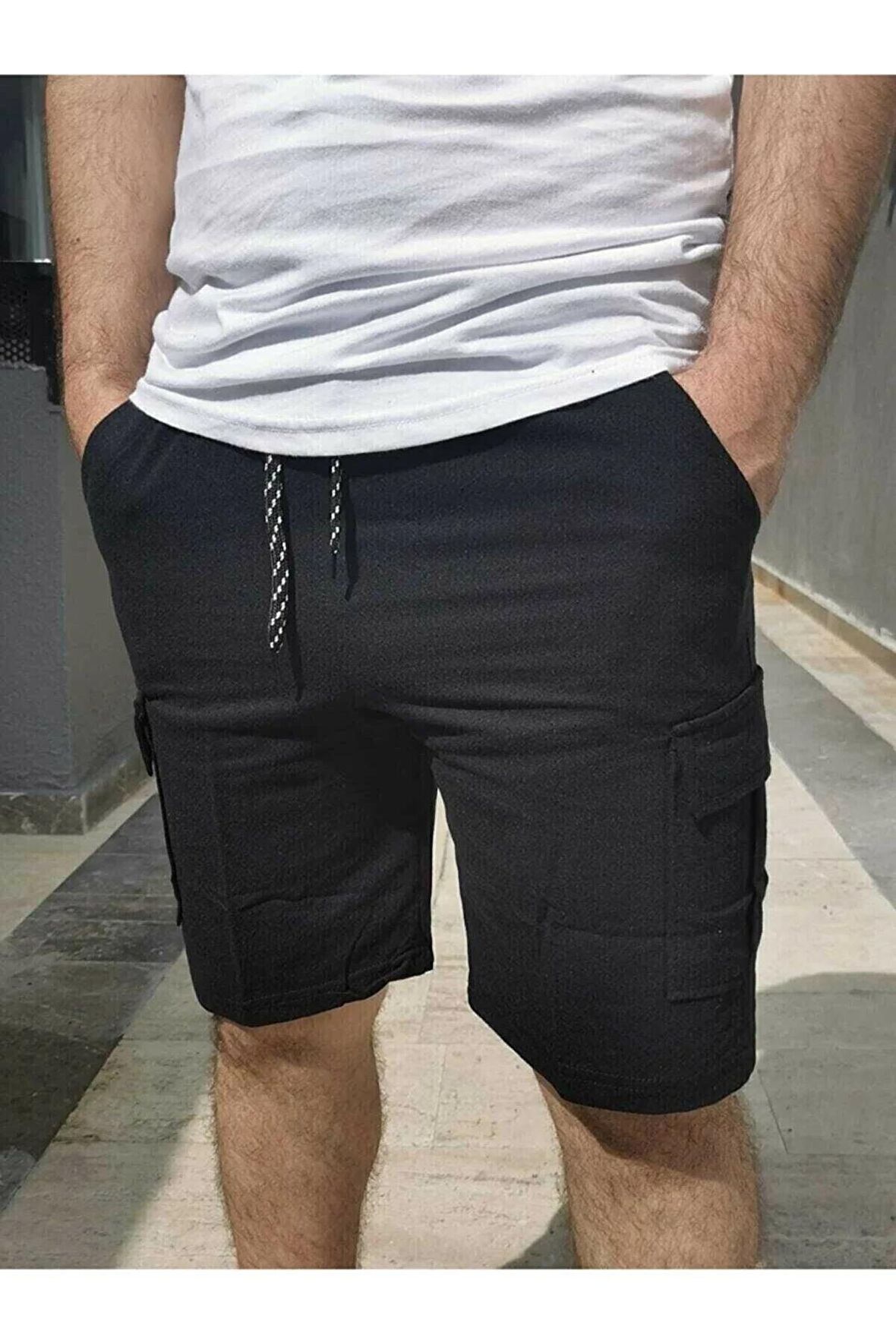 Erkek Siyah Pamuk Spor Kargo Cepli 2 Iplik Şort
