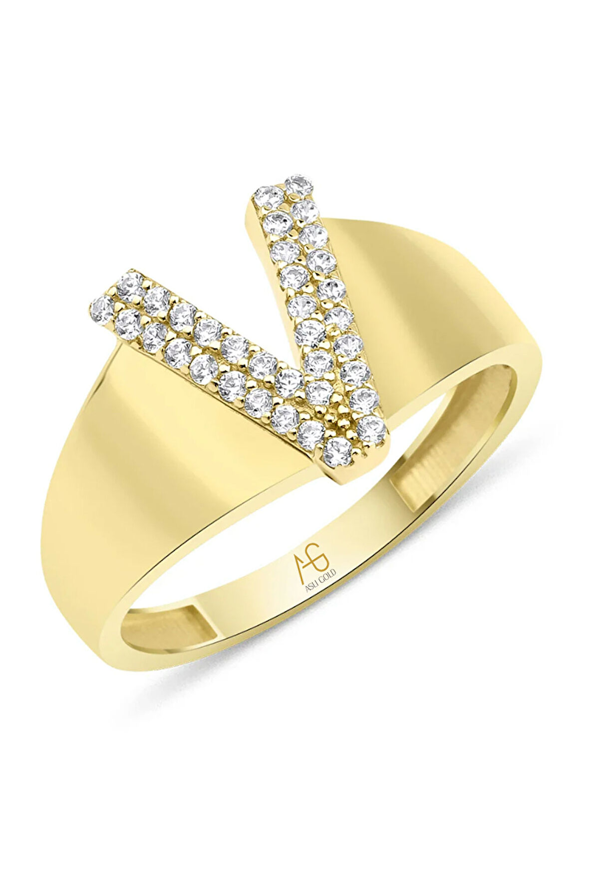 Altın Taşlı V Harf Yüzük