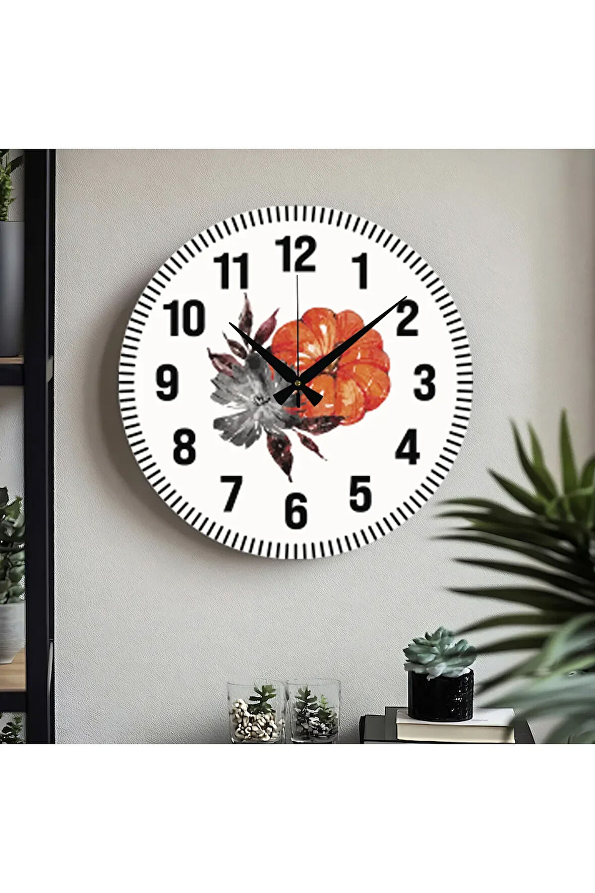 Çiçek desenli Dekoratif Türkçe Rakamlı UV Baskılı Duvar Saati (Sessiz) Akar Mekanizma Metal Akrep
