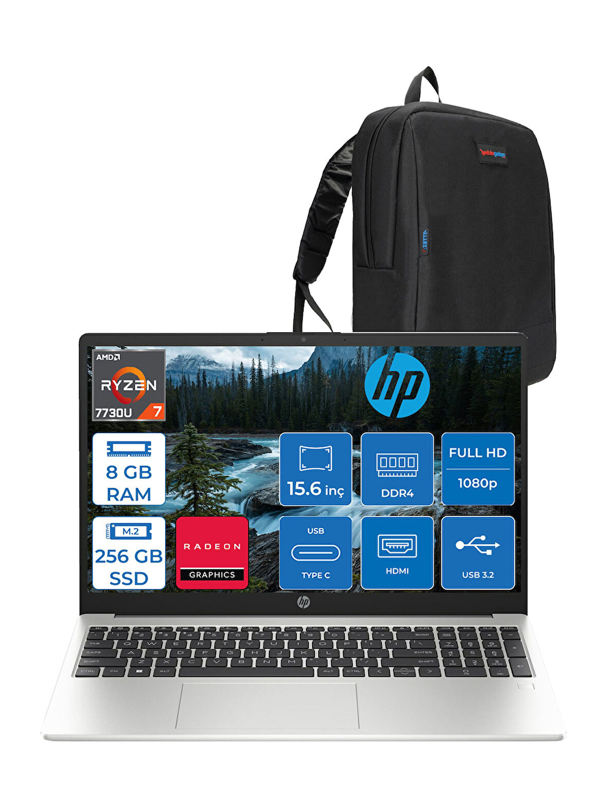 Hp 255 G10 Amd Ryzen 7 7730U 8gb 256GB SSD Amd Radeon Grafik Freedos 15.6" Taşınabilir Bilgisayar 9G1F9ETF01 + Zetta Çanta