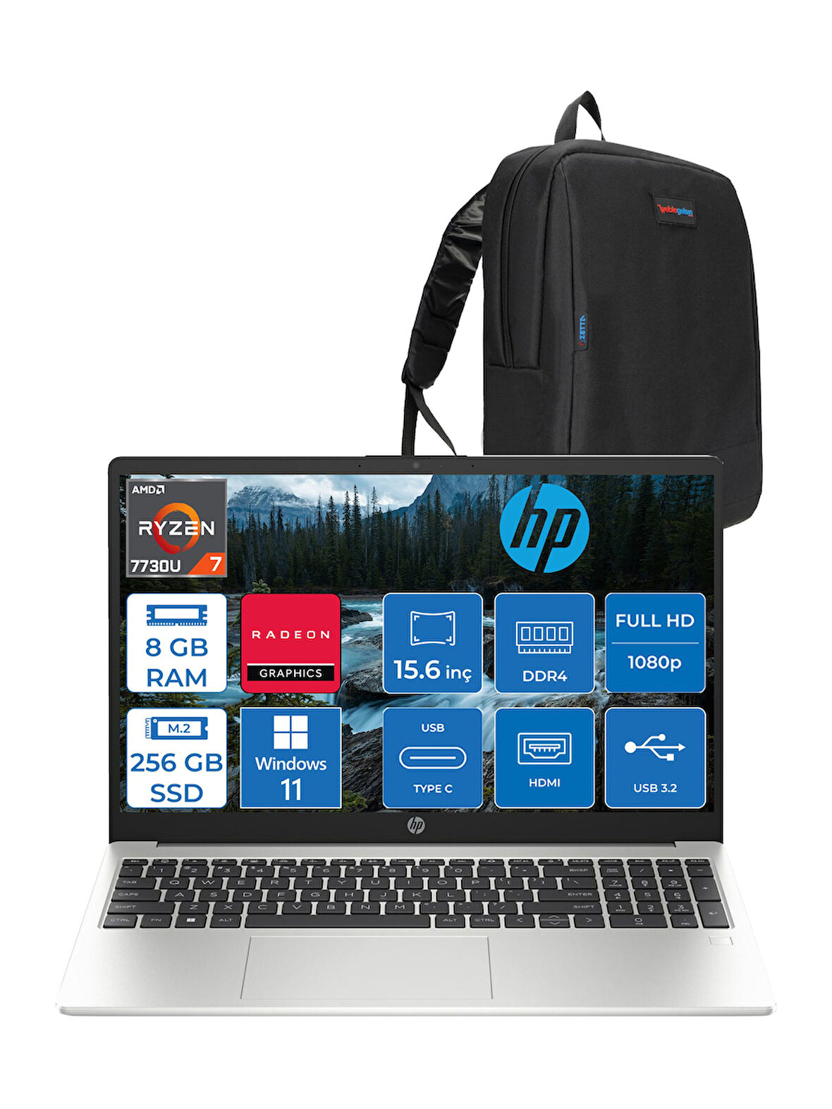 Hp 255 G10 Amd Ryzen 7 7730U 8gb 256GB SSD Amd Radeon Grafik Windows 11 Pro 15.6" Taşınabilir Bilgisayar 9G1F9ETP01 + Zetta Çanta