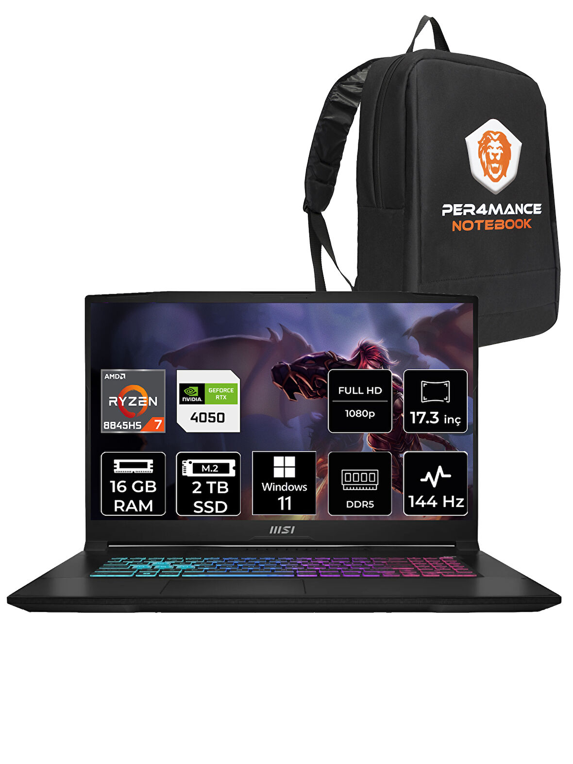 MSI Katana A17 AI R7 8845HS 16GB 2TB SSD RTX4050/6GB 17.3" FHD 144HZ W11H B8VE-853XTR & PER4 ÇANTA