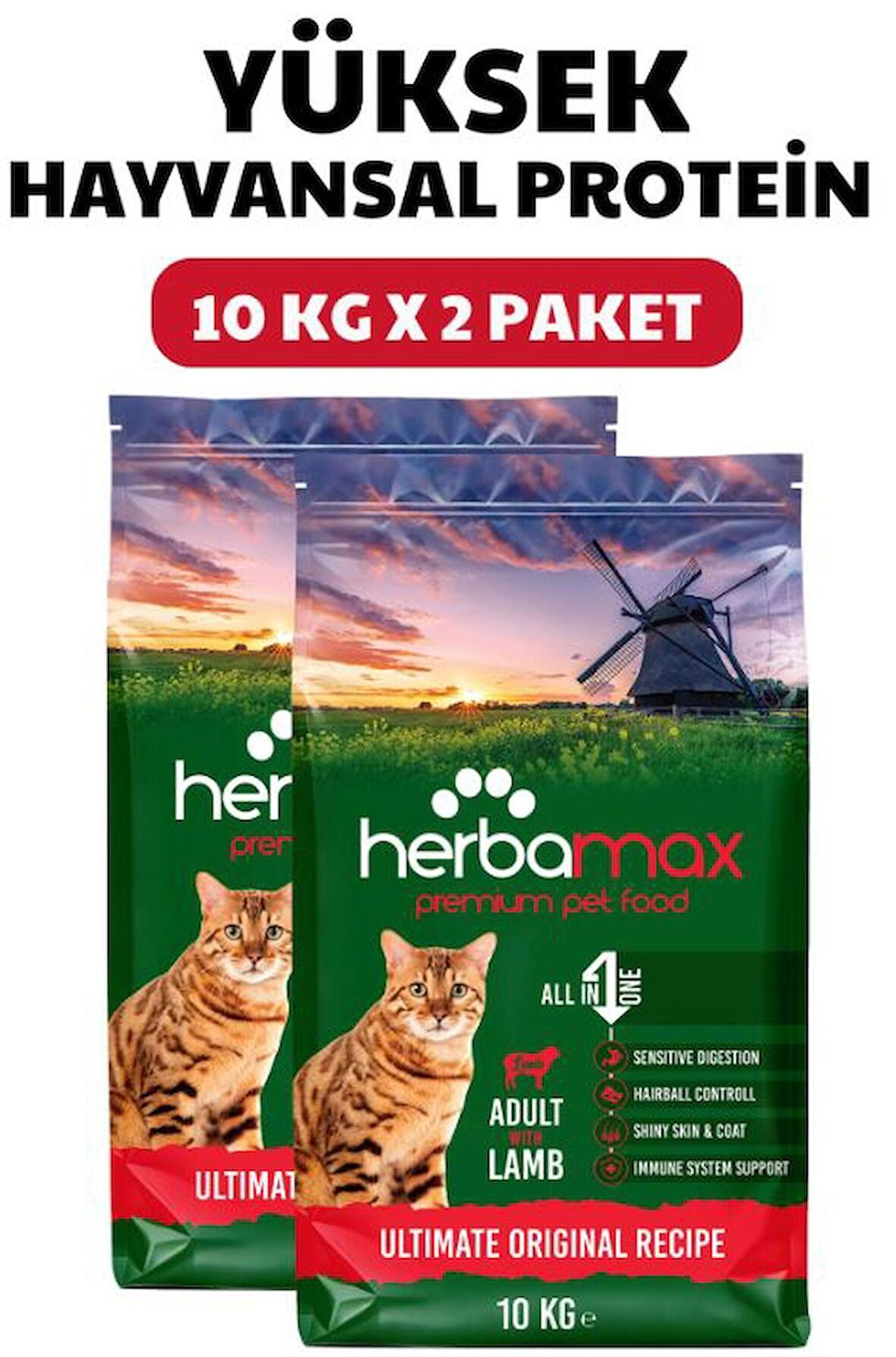 HerbaMax Kuzu Etli ve Pirinçli Yetişkin Kedi Maması 20Kg (2x10Kg)
