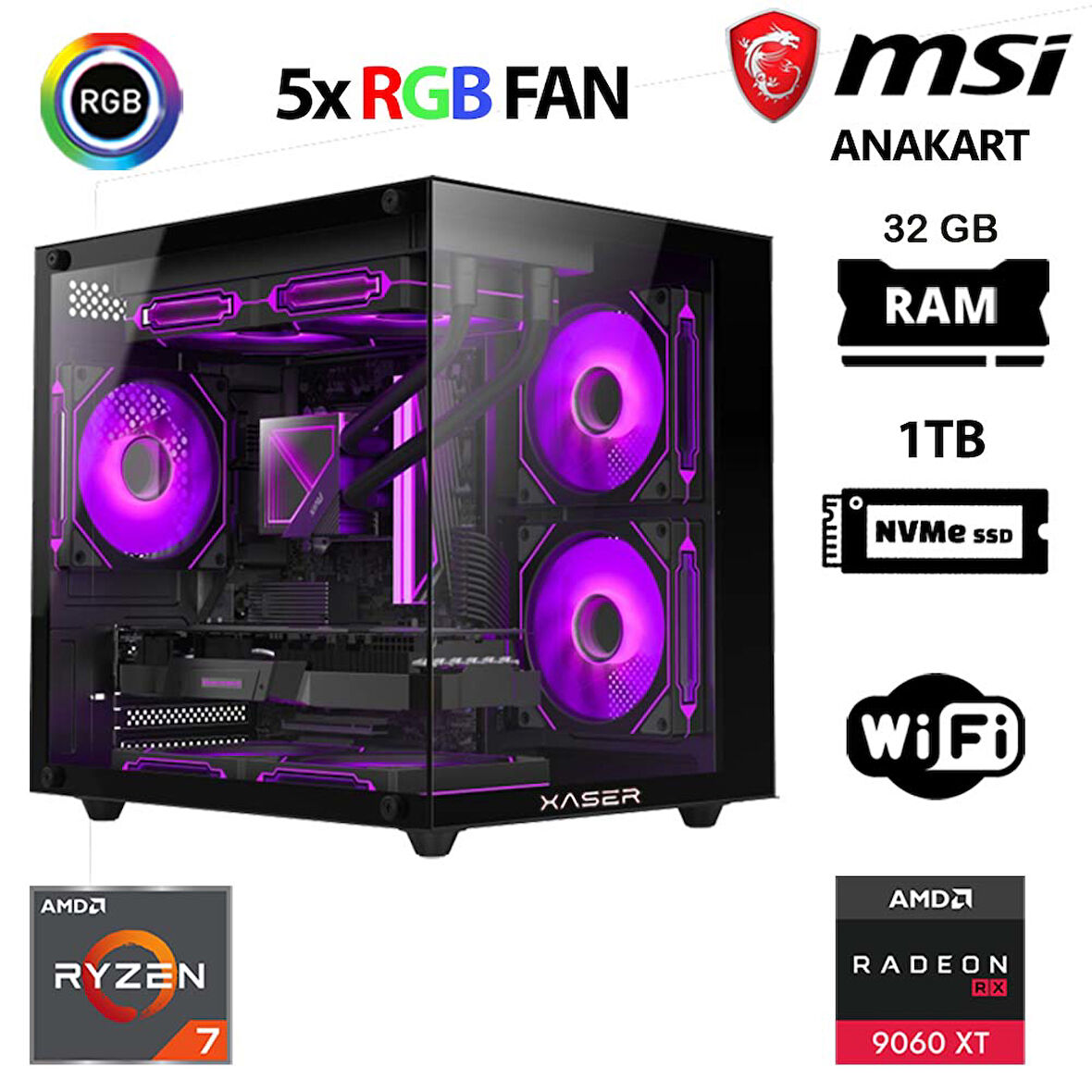 Xaser Cube X30 Ryzen 7 5700x 32GB Ram 1TB M.2 NVMe SSD 16GB RX9060 XT Masaüstü Oyuncu Bilgisayarı