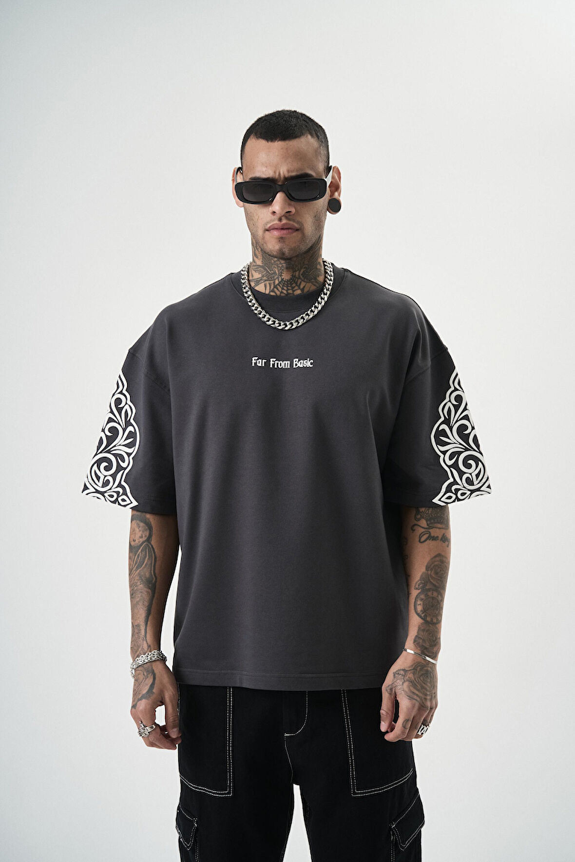 Erkek Far From Basic Baskılı Oversize T-Shirt Füme