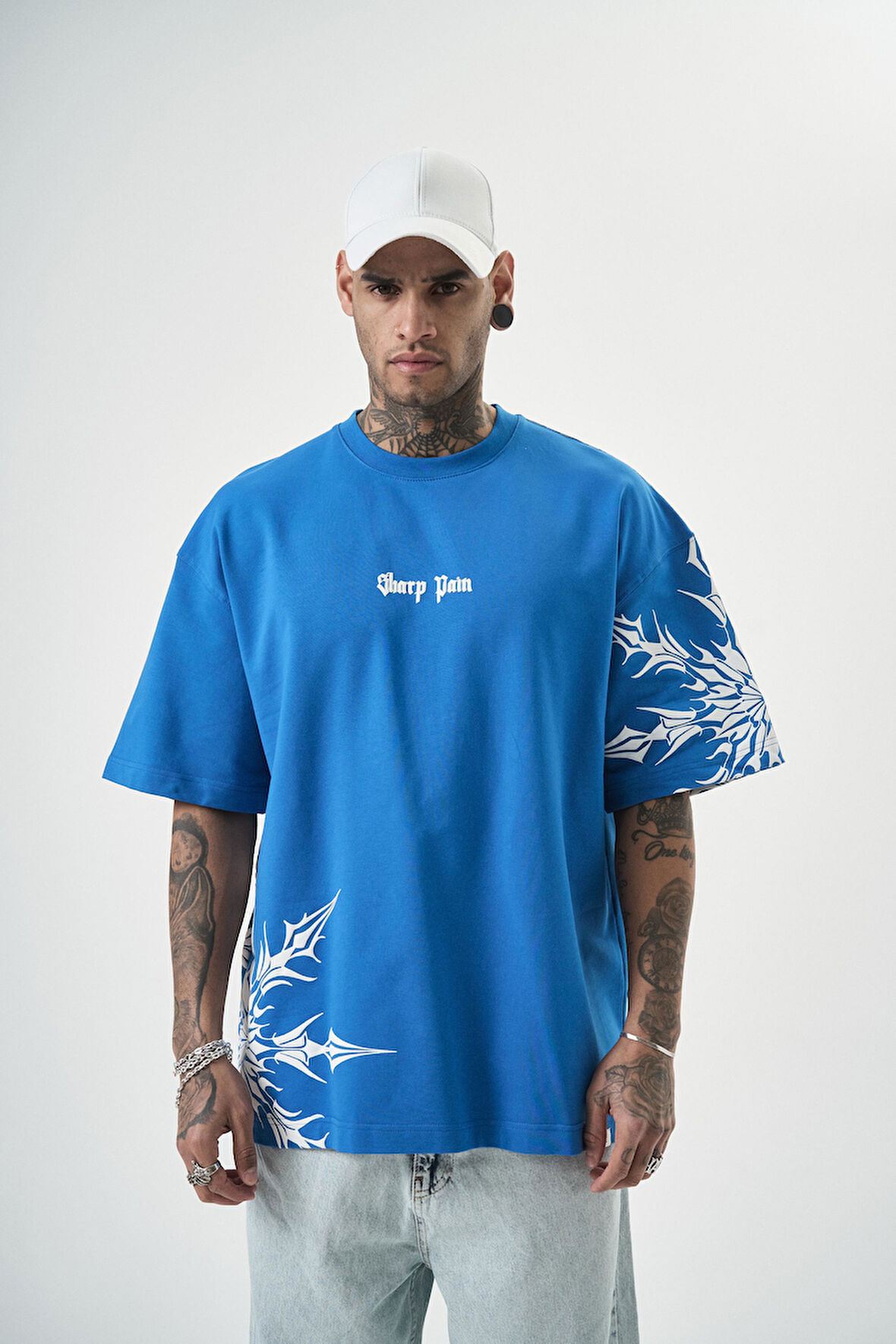 Erkek Sharp Pain Baskılı Oversize T-Shirt Mavi