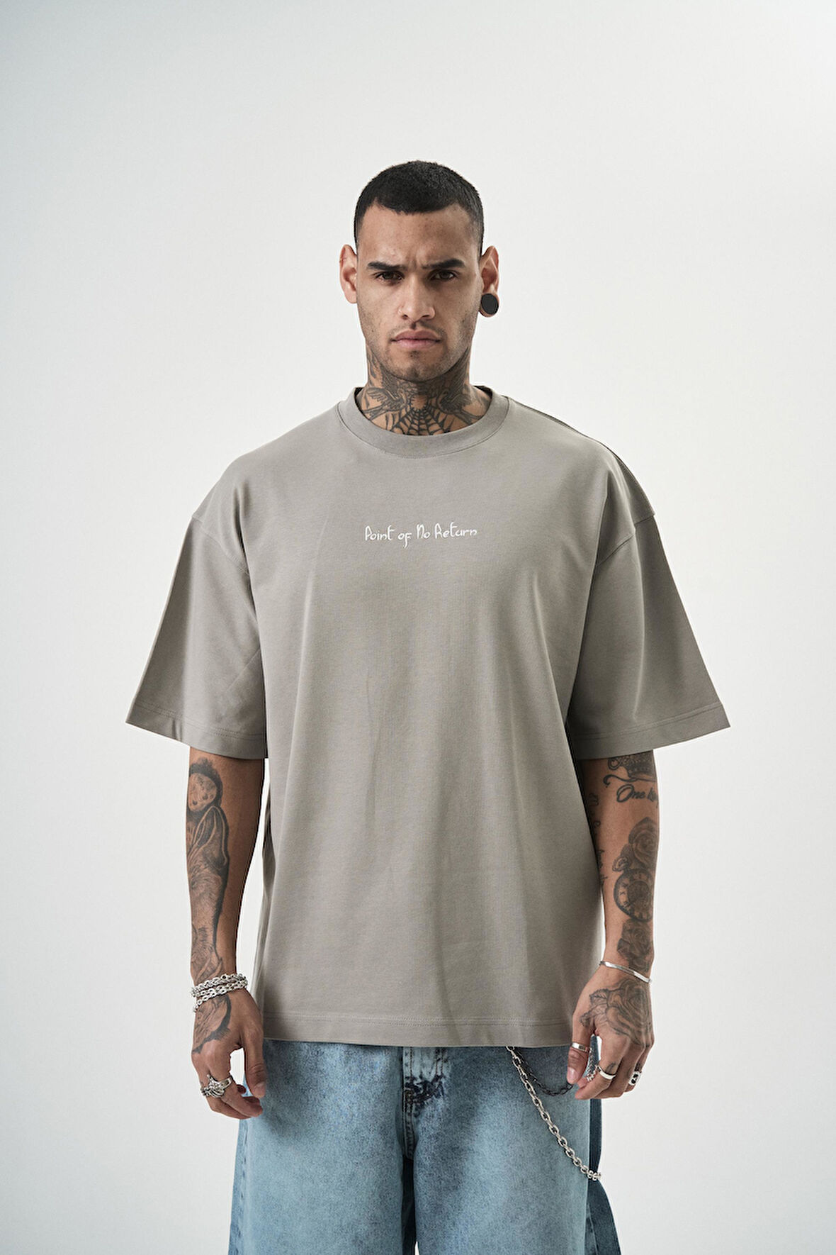 Erkek Return Nakışlı Oversize T-Shirt Gri