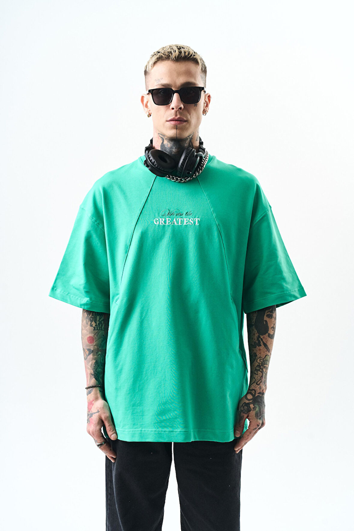 Erkek Greatest Nakışlı Oversize T-Shirt Yeşil