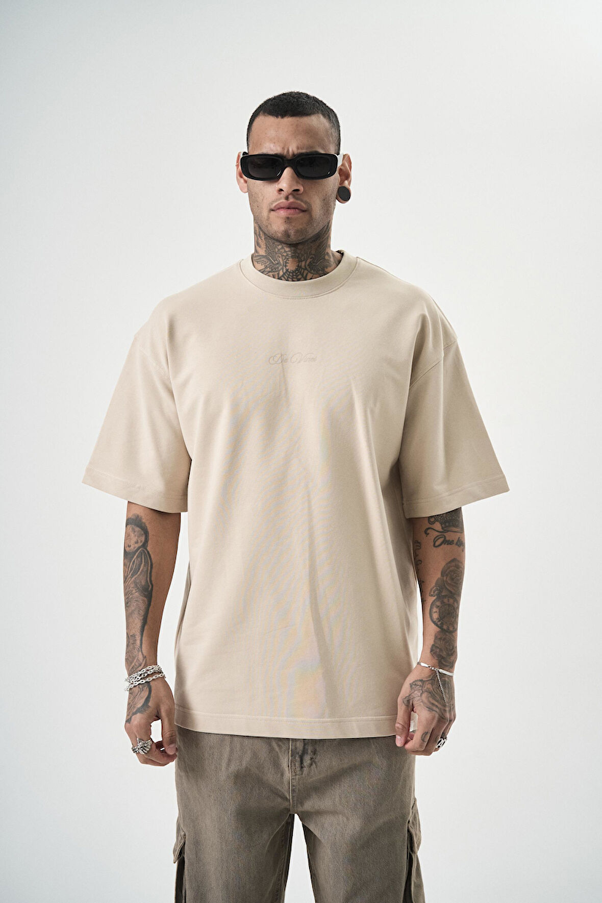 Erkek Da Vinci Baskılı Oversize T-Shirt Bej
