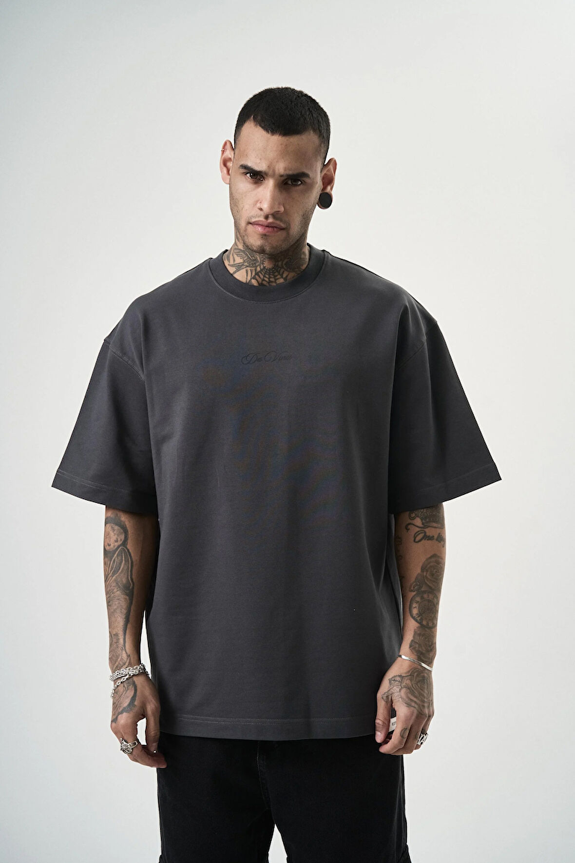 Erkek Da Vinci Baskılı Oversize T-Shirt Füme