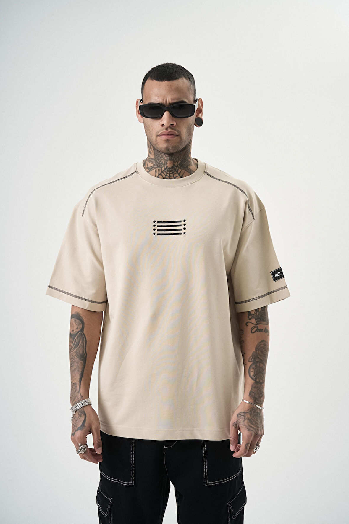 Erkek 22 Yazılı Nakışlı Oversize T-Shirt Bej