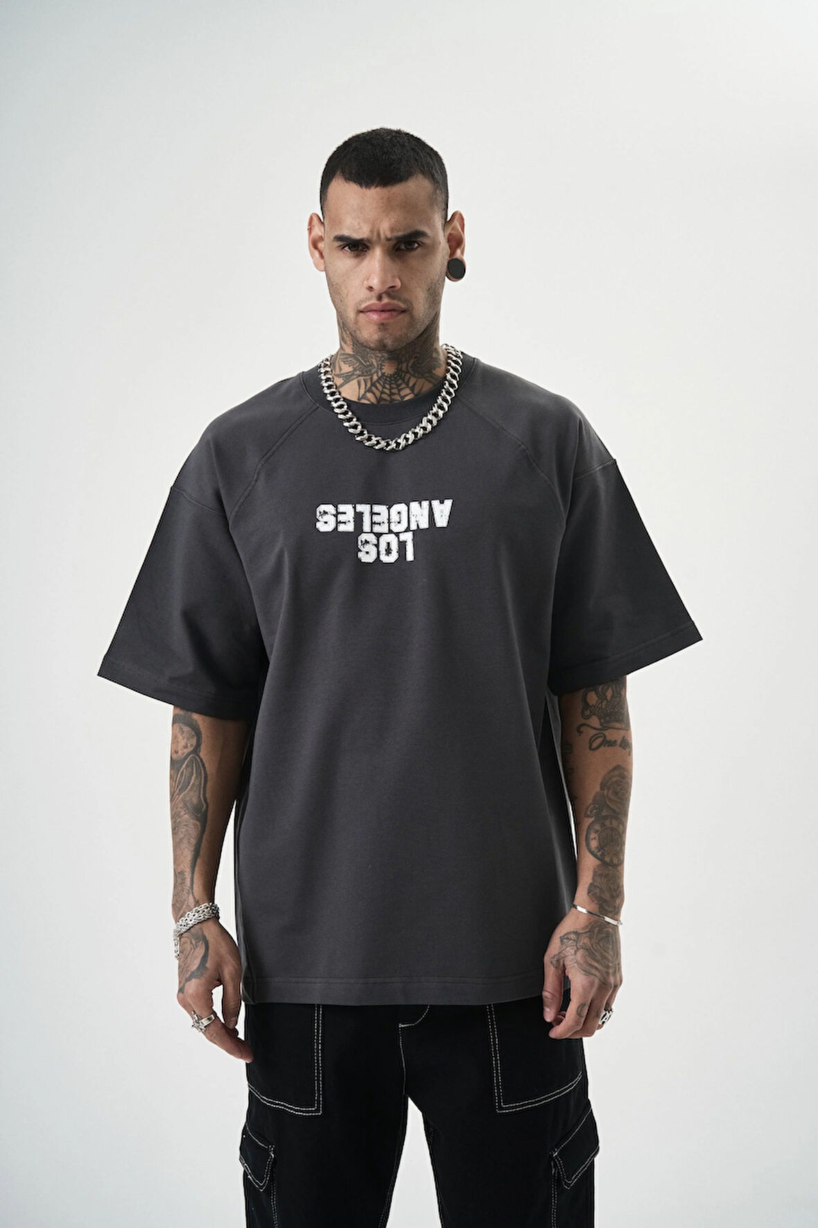 Erkek One Baskılı Oversize T-Shirt Füme