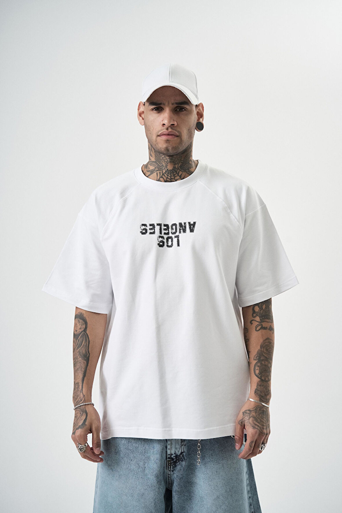 Erkek One Baskılı Oversize T-Shirt Beyaz