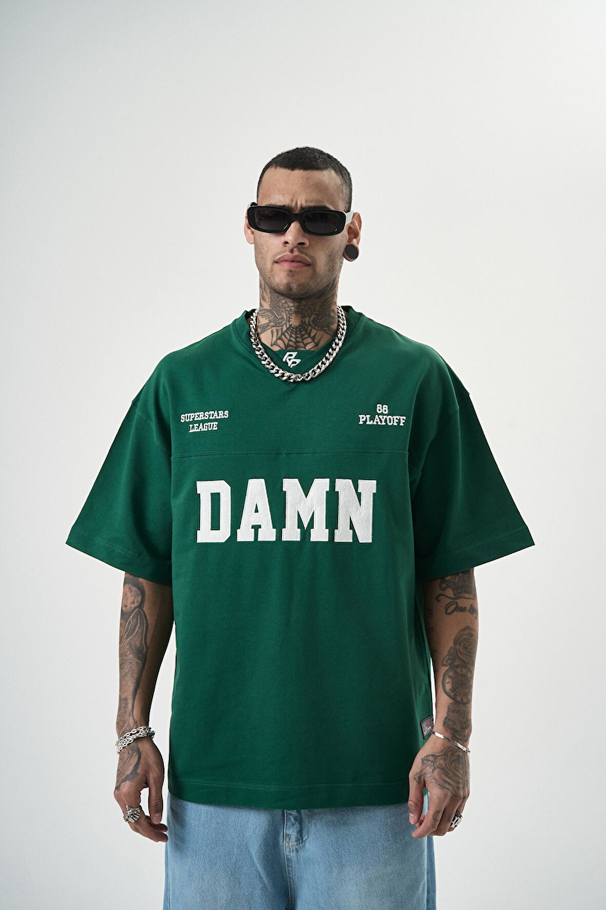 Erkek Damn Nakışlı Oversize T-Shirt Nefti