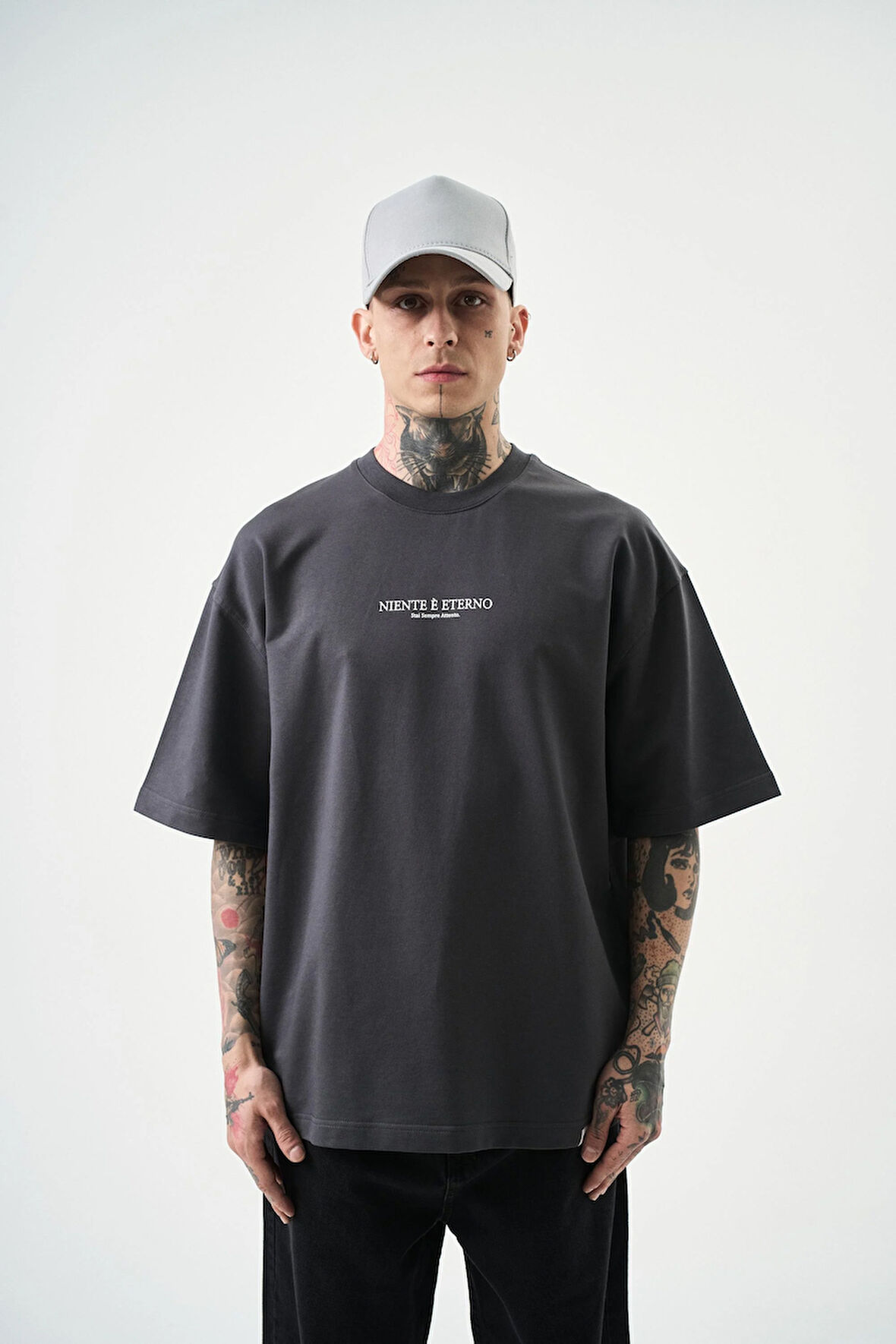 Erkek Niento Eterno Nakışlı Oversize T-Shirt Füme