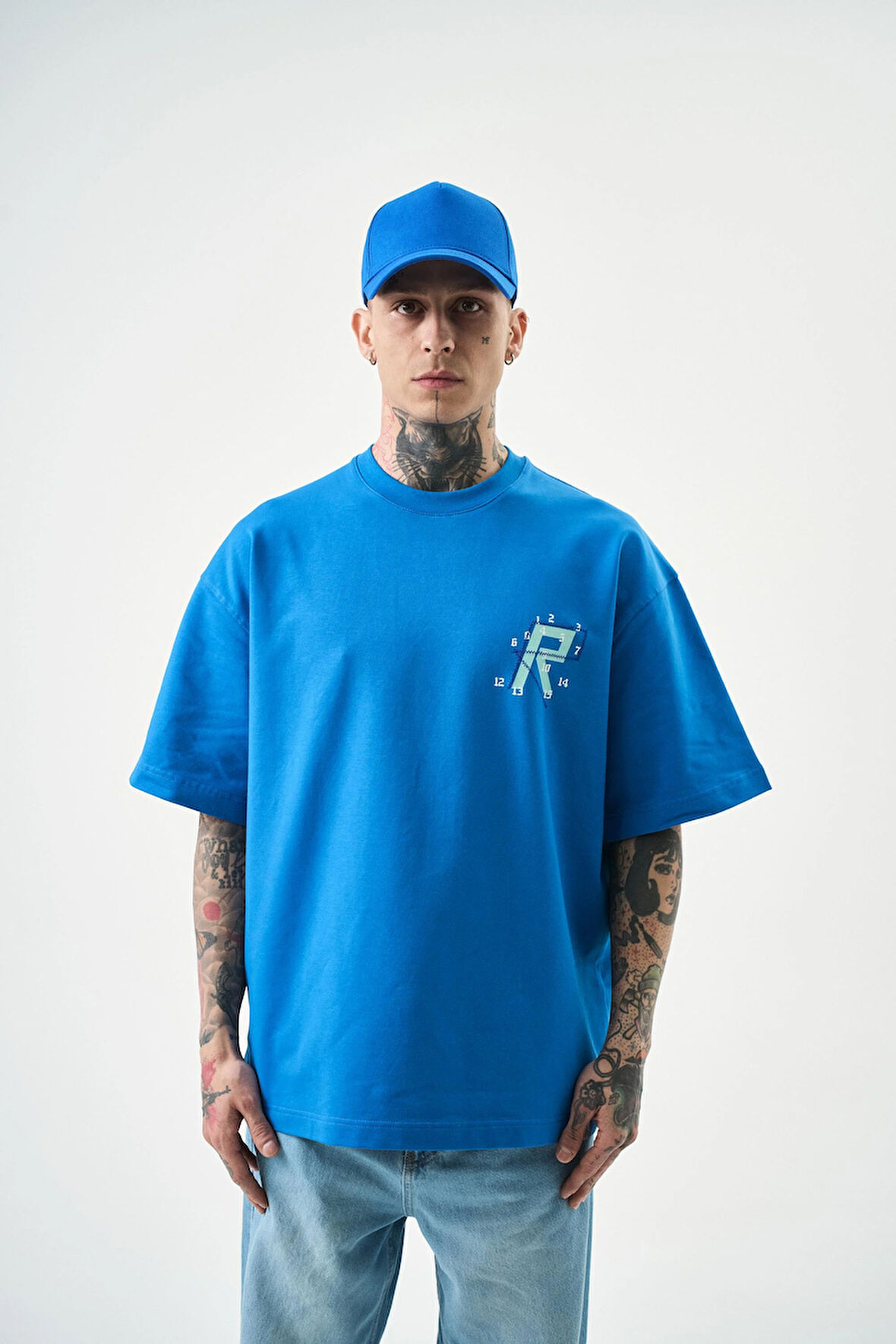 Erkek Numbers Of R Nakışlı Oversize T-Shirt Mavi