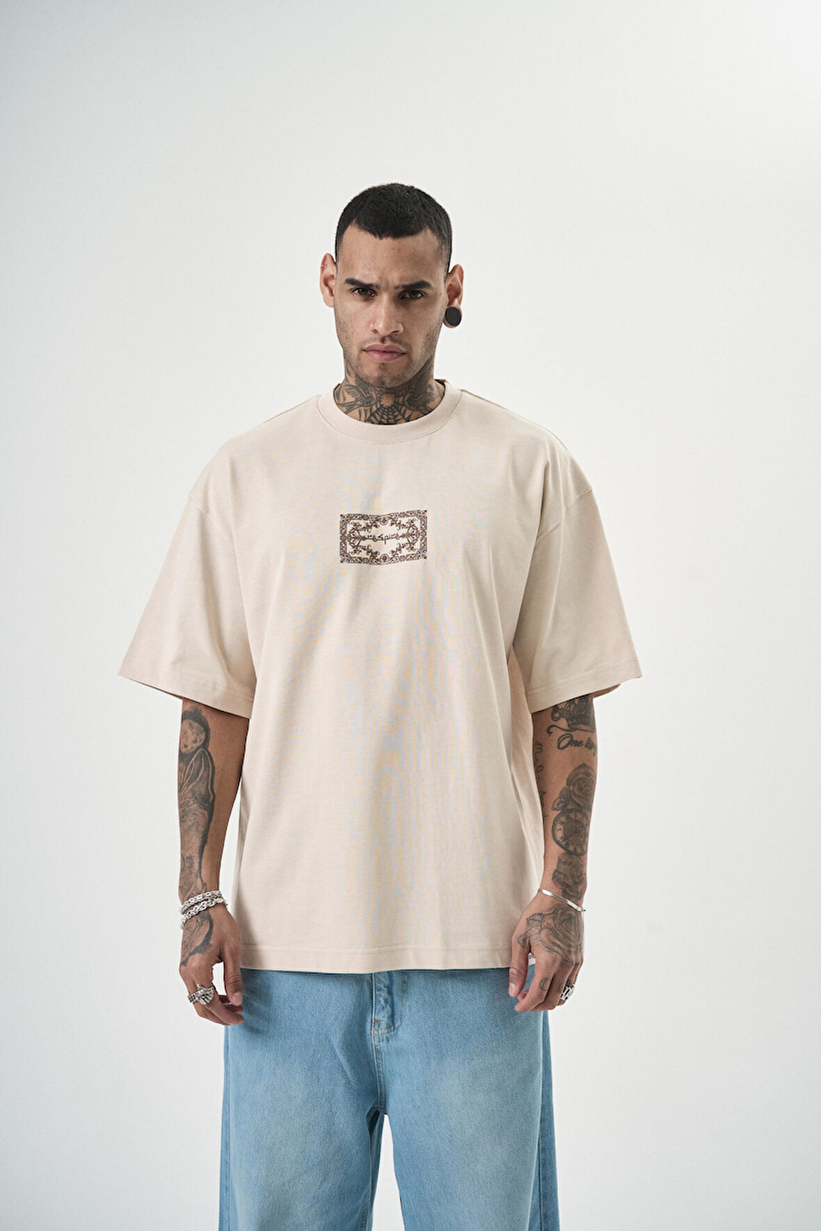 Erkek Ornaments Baskılı Oversize T-Shirt Bej