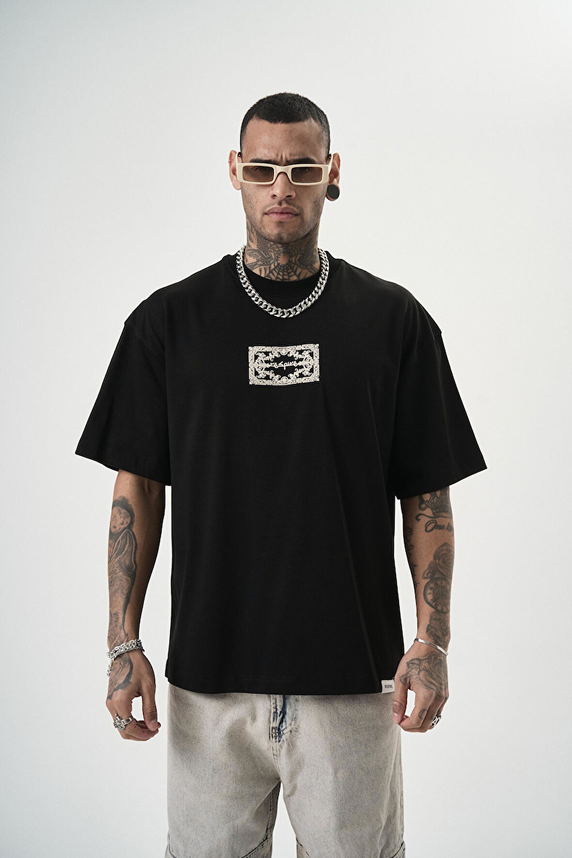 Erkek Ornaments Baskılı Oversize T-Shirt Siyah