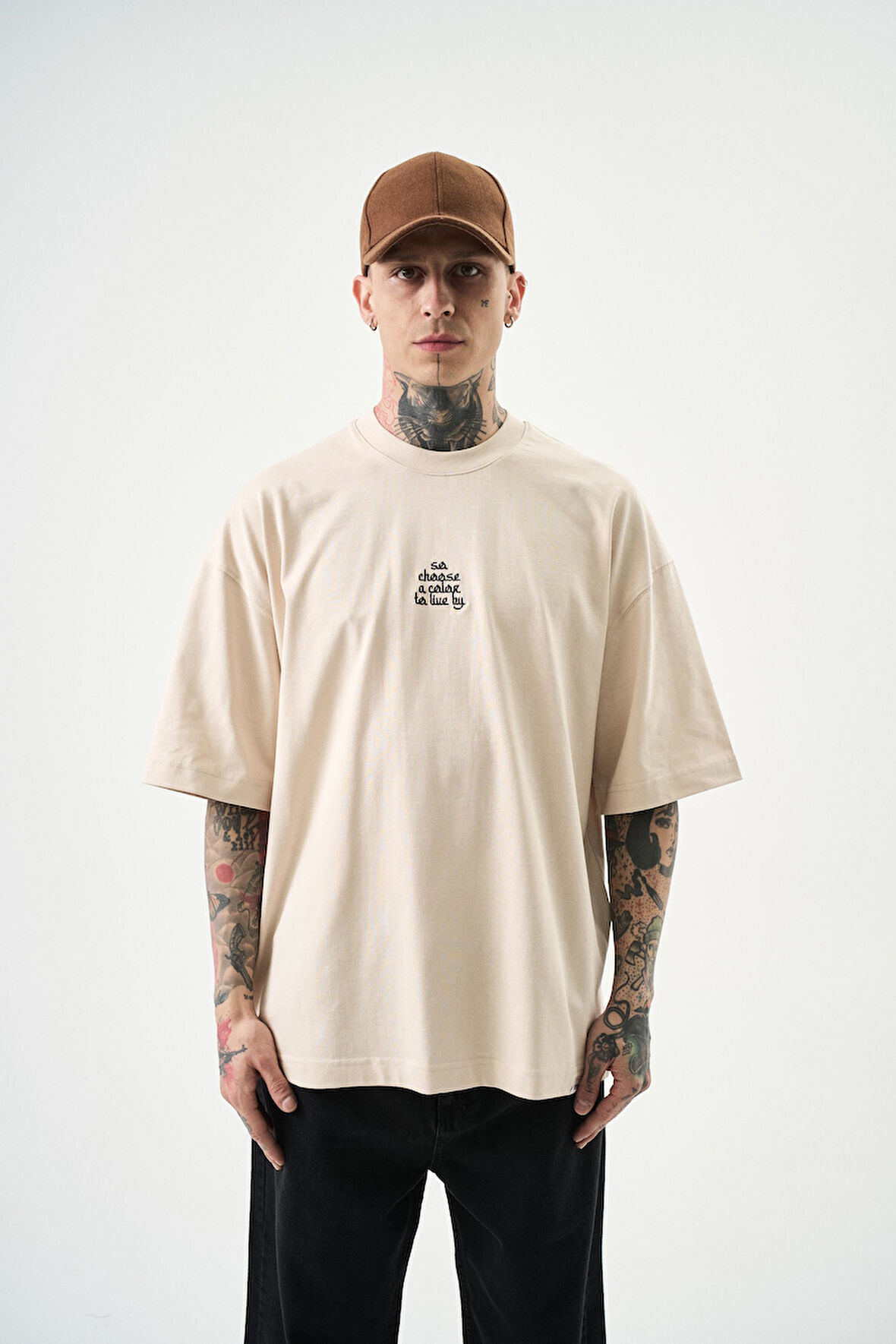 Erkek Choose Nakışlı Oversize T-Shirt Bej