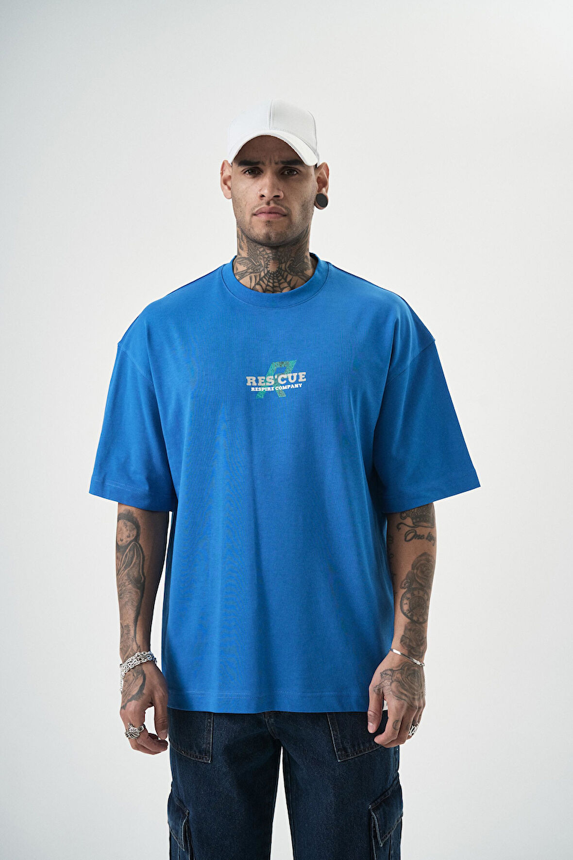 Erkek Res'cue Baskılı Oversize T-Shirt Mavi