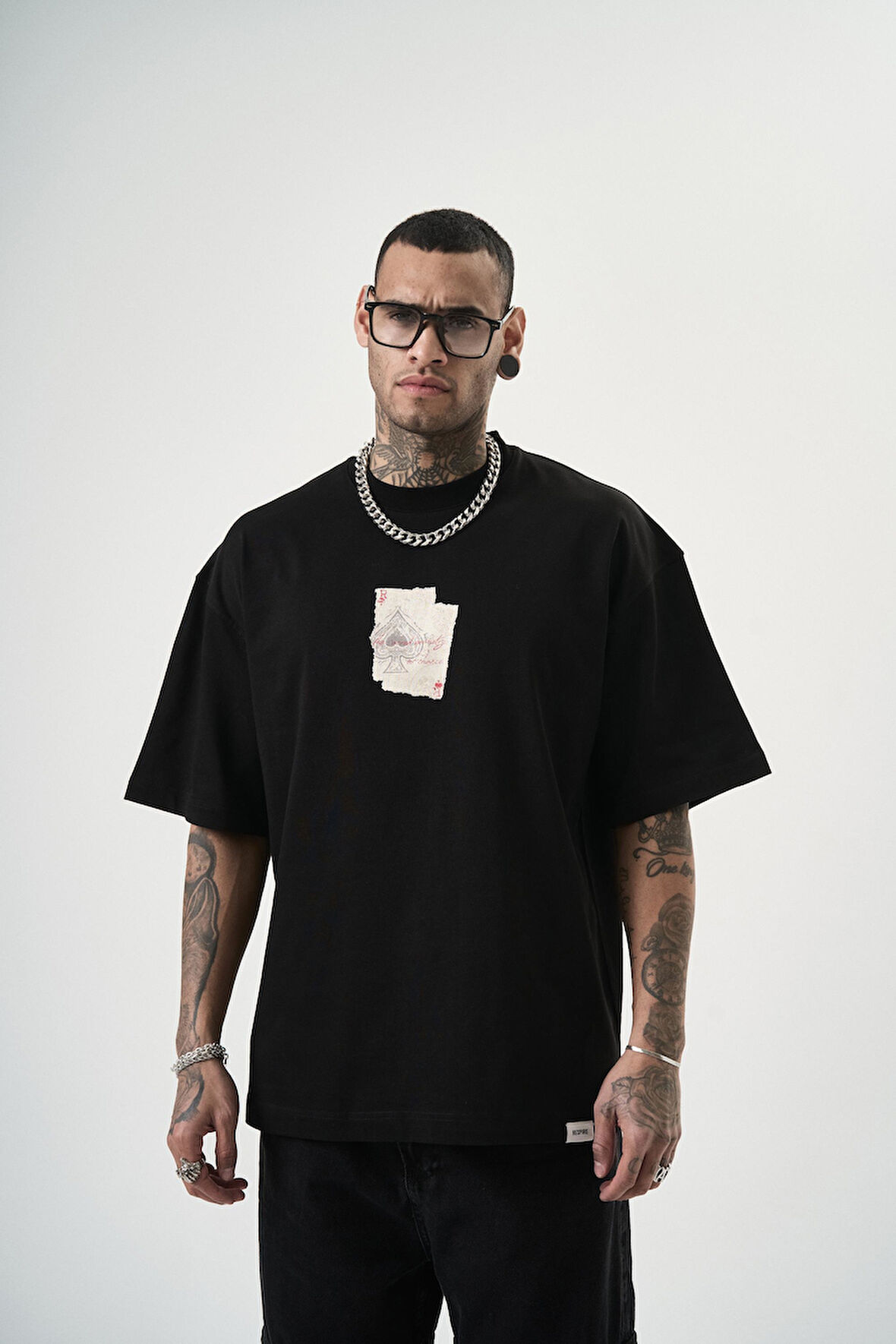 Erkek R Of Spades Baskılı Oversize T-Shirt Siyah