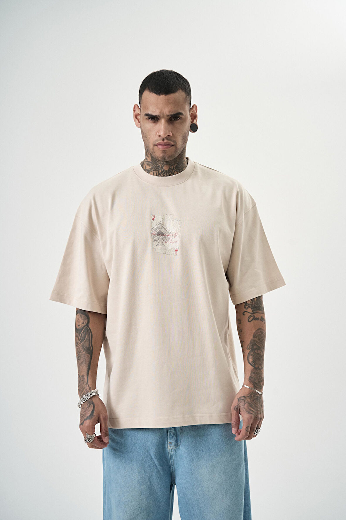 Erkek R Of Spades Baskılı Oversize T-Shirt Bej